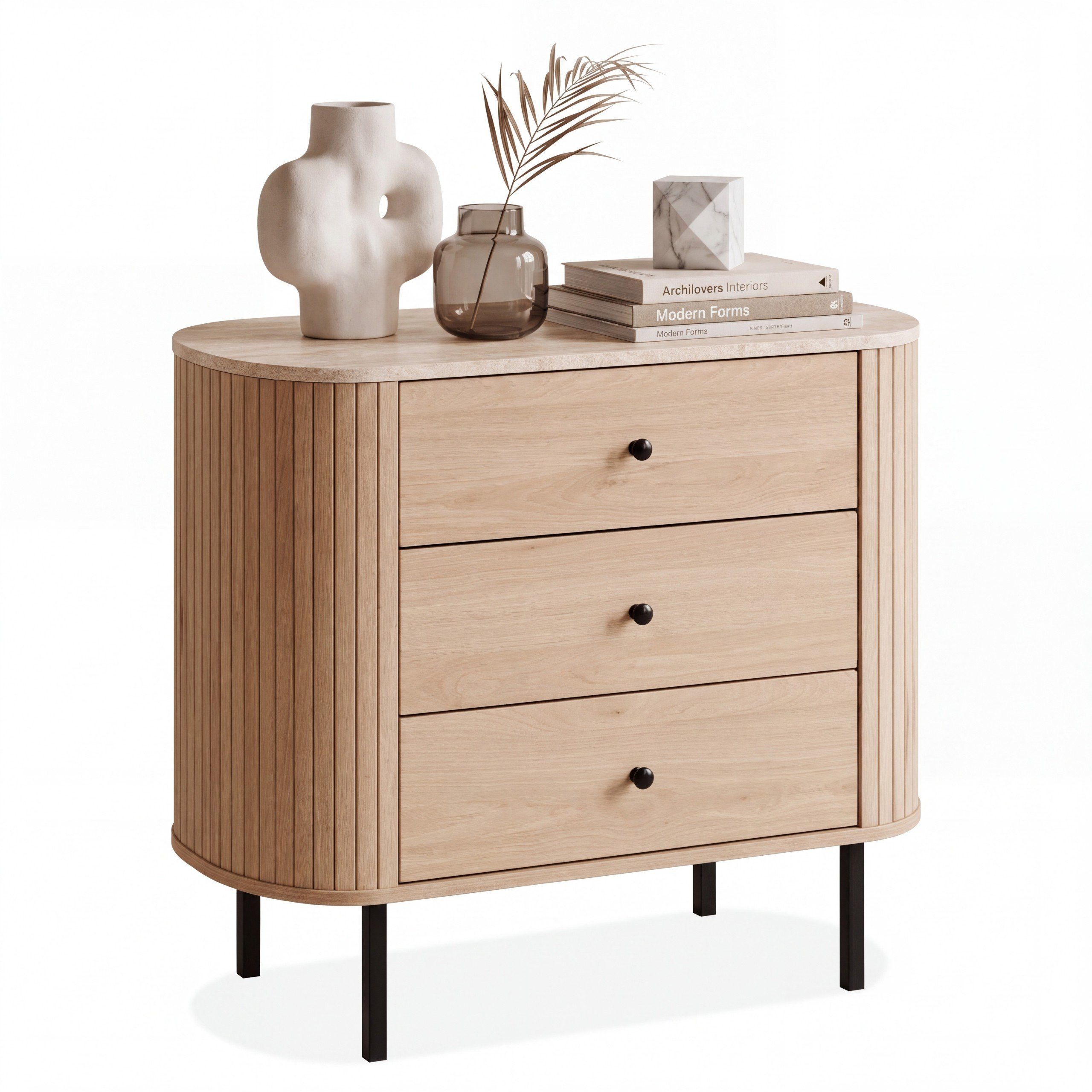 Newroom Kommode Eiche Travertin-Optik 80 cm, Schubladenkommode mit 3 Schubladen und schwarzen Metallfüßen