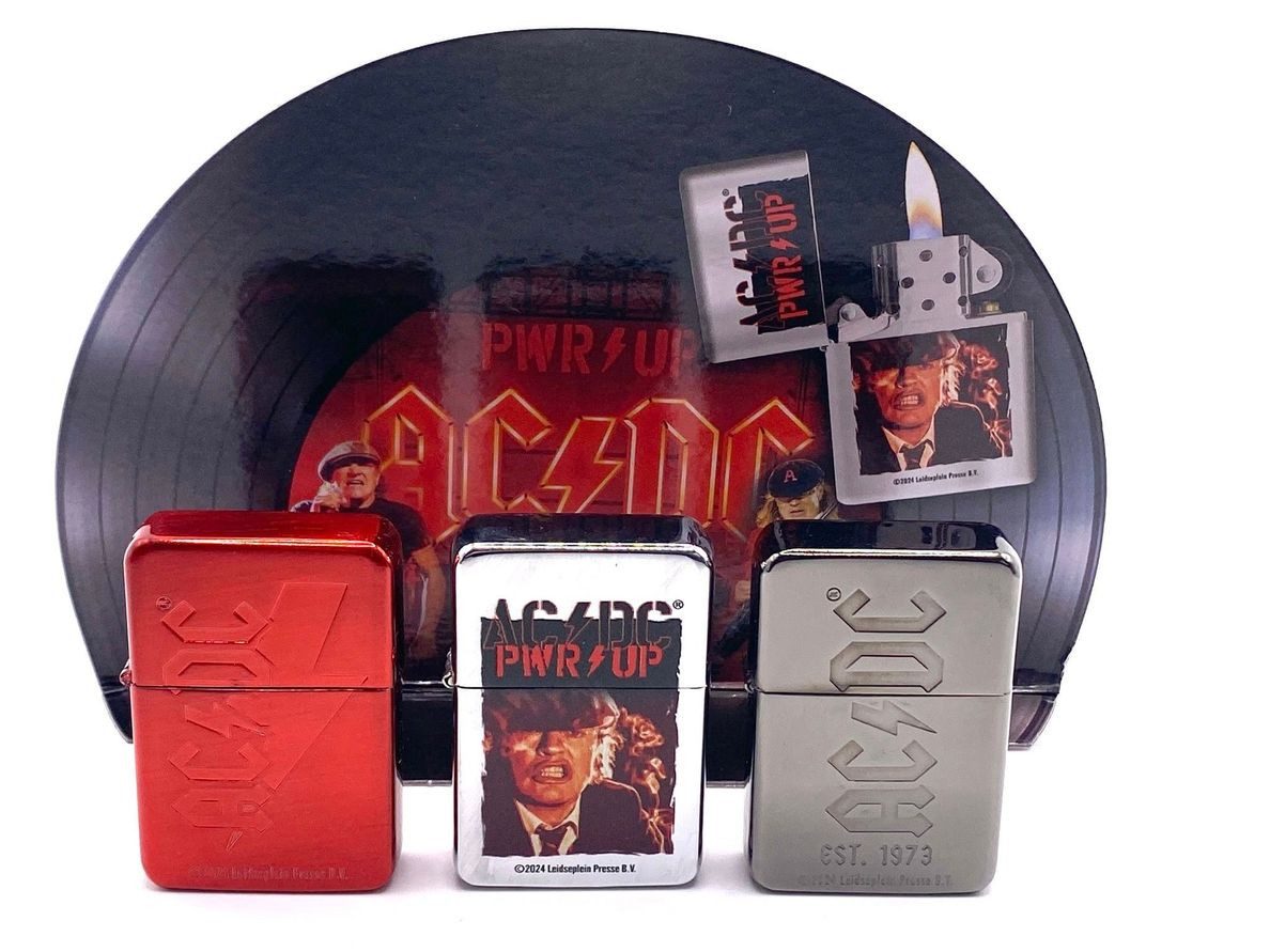 AC/DC Feuerzeuge Metallfeuerzeuge AC/DC Fanartikel in 3 Ausführungen (3-St), AC/DC Feuerzeug im 3er Set