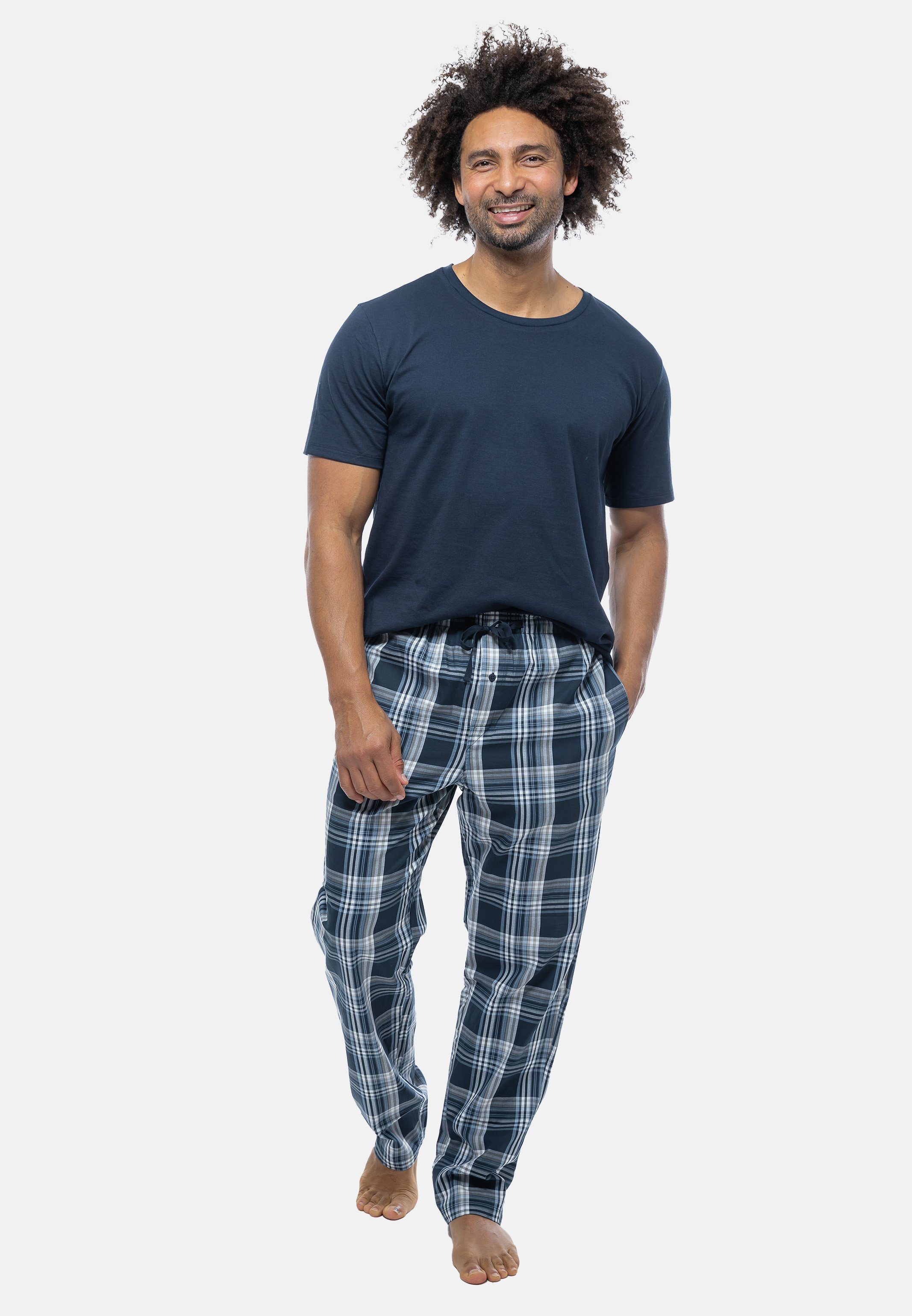 Baumwolle Mix Kurzarm-Shirt Schiesser Pyjama - 2 tlg) - Dunkelblau (Set, Schlafanzug mit Rundhals-Ausschnitt