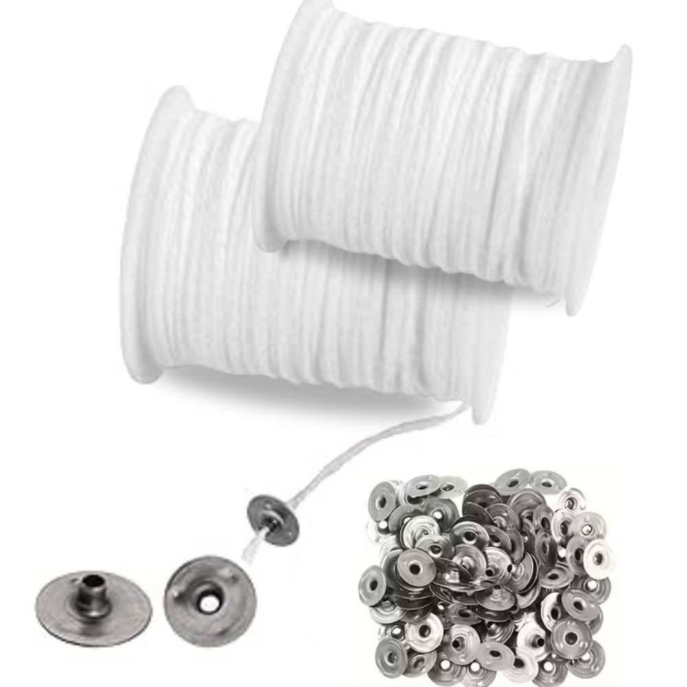 Montegoni Kerzenständer Baumwoll-Dochtrolle 61M mit 100 Metallbasen – Rauchfreie Kerzendochte (Wick-and-Base Set für Kerzengießen, Zweiteiliges Zubehörset aus Dochtrolle & Basen), Raucharm, gleichmäßige Flamme, hitzebeständige Basen
