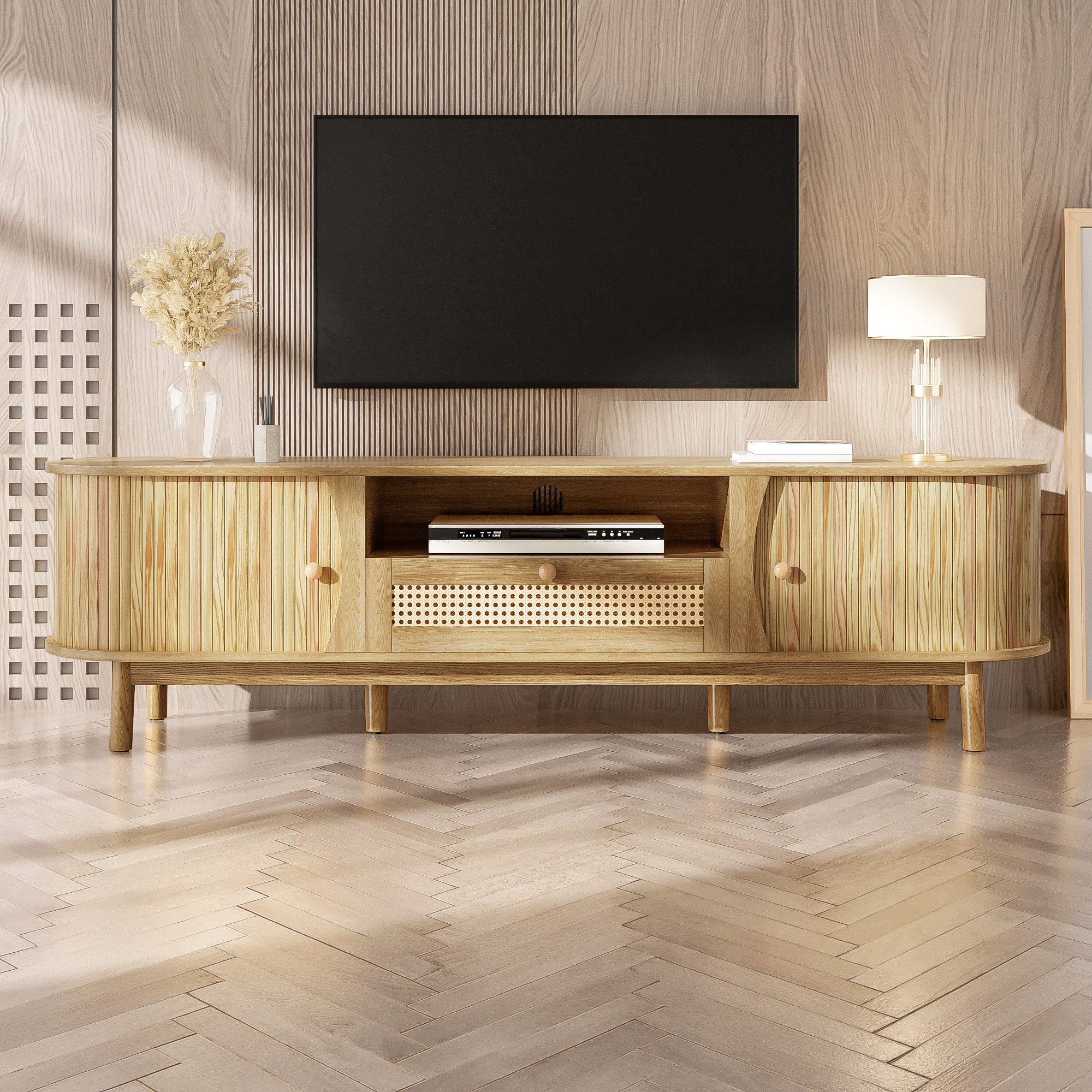 IDEASY TV-Schrank TV-Schrank Rattan Massivholz Türen Schubladen Landhausstil Wohnzimmer