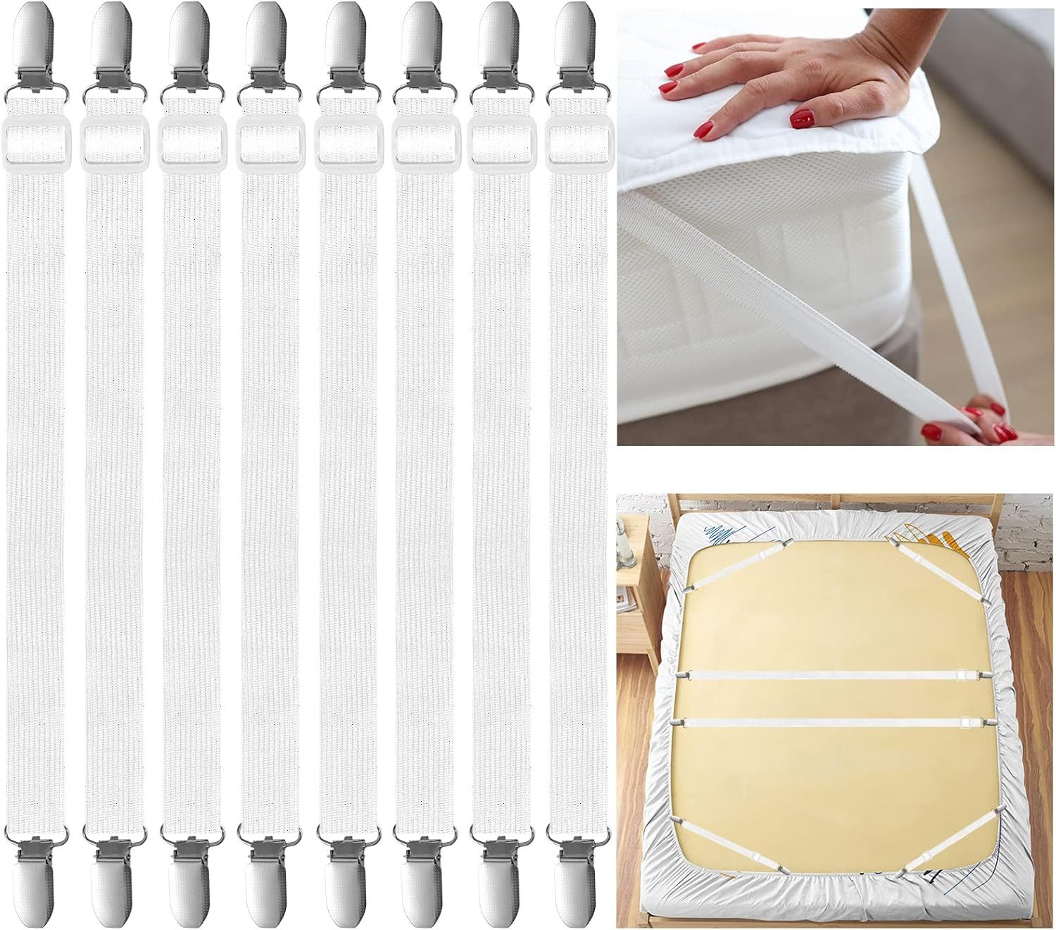 Spannbettlaken Bettlakenspanner 8 Stück Elastisch mit Metallclips Weiß