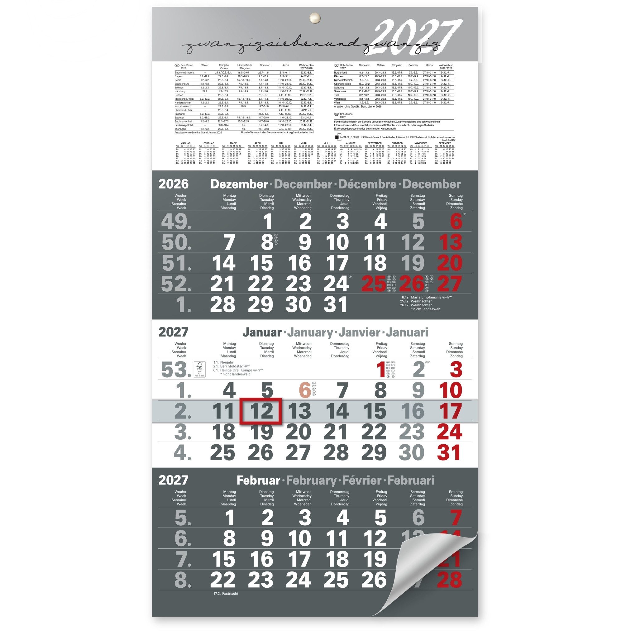Kamber Office Wandkalender 3 Monatskalender 2027 mit Schieber Büro Kalender, Großer Kalender 2027, Dreimonatskalender 2027 groß mit Datumsschieber Jahreskalender-2027