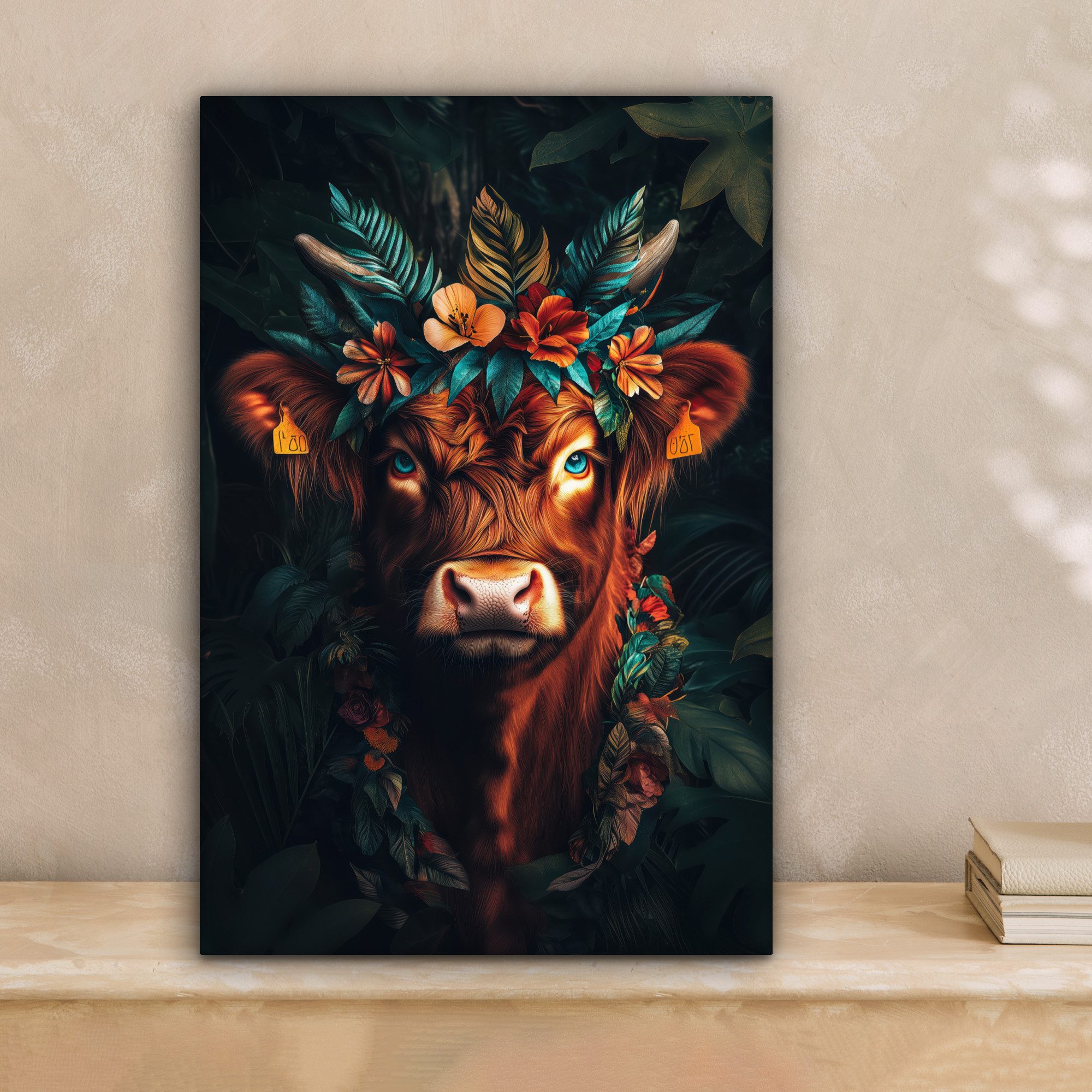 OneMillionCanvasses® Leinwandbild Schottischer Highlander - Blumen - Blätte günstig online kaufen