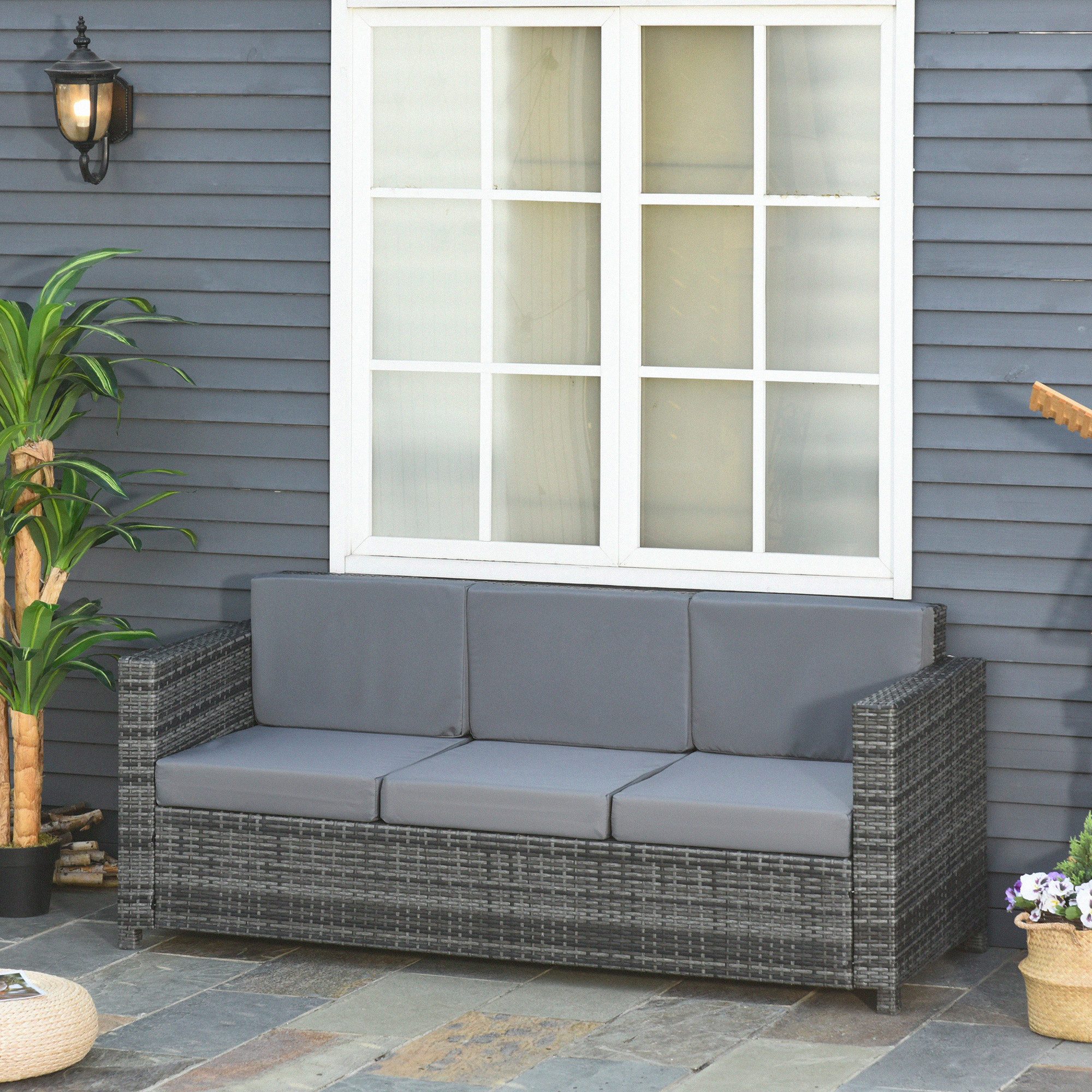 Outsunny Loungesofa Poly-Rattan Sofa mit Kissen 3-Sitzer Garten Metall Poly günstig online kaufen