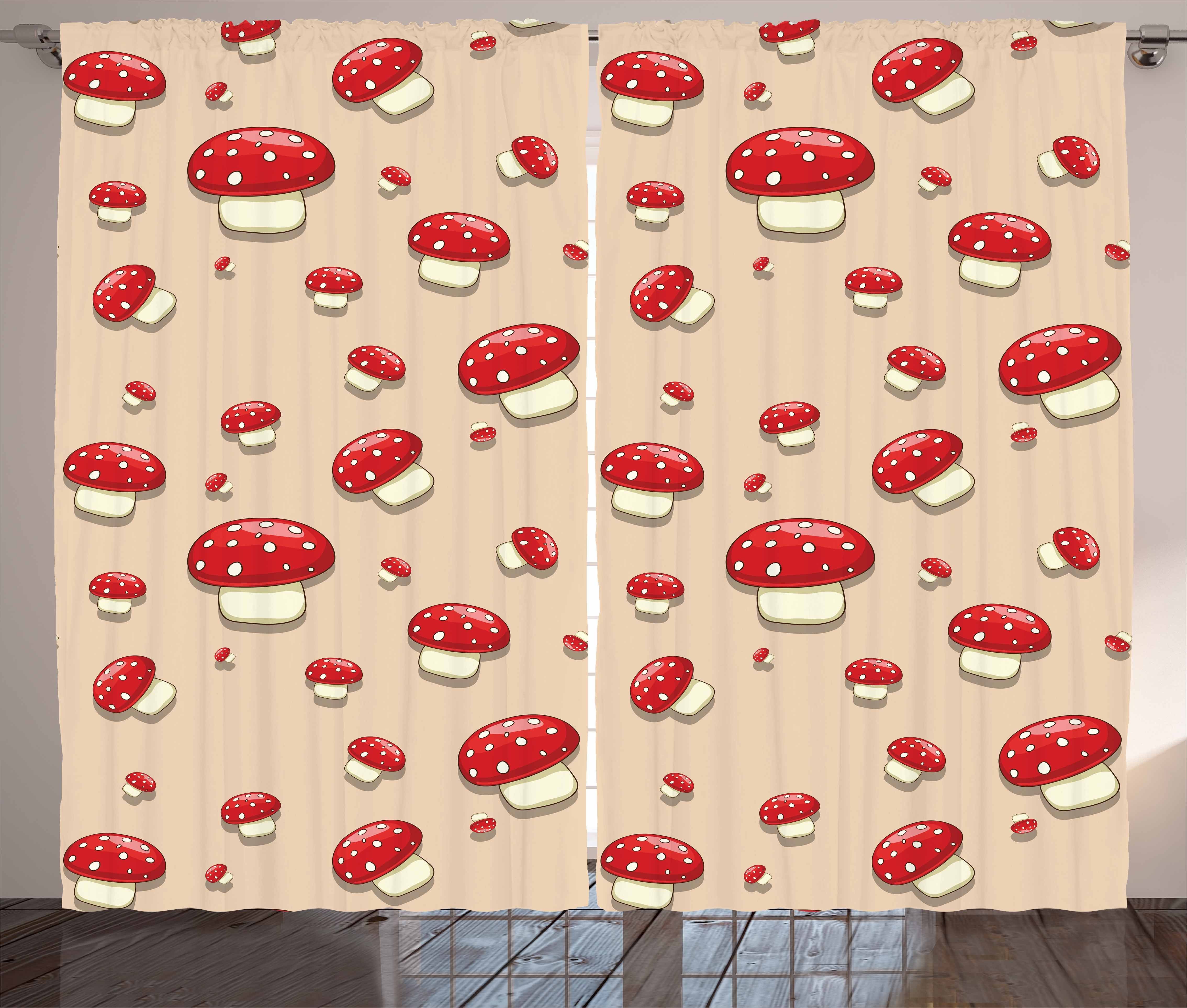 Gardine Schlafzimmer Kräuselband Vorhang mit Schlaufen und Haken, Abakuhaus, Punktmuster Cartoon Pilze | Fertiggardinen