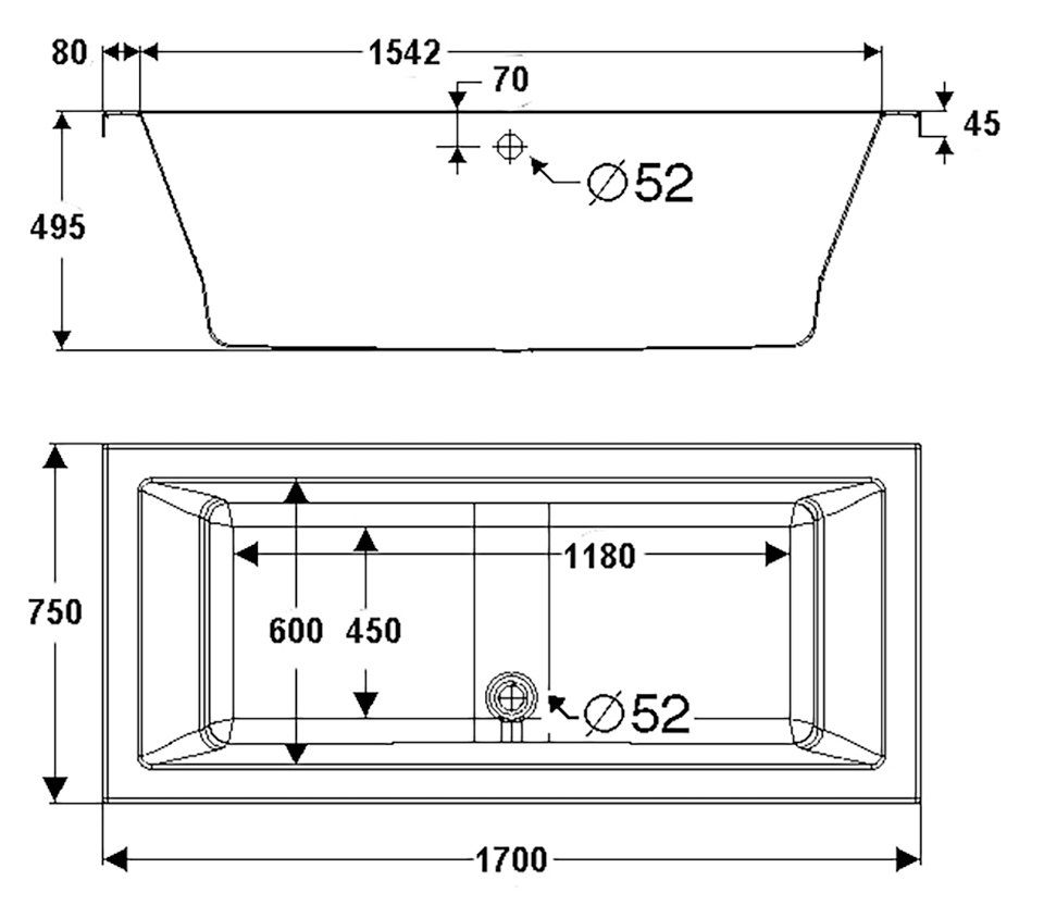 OTTOFOND Badewanne Cubic, (Komplett-Set, 4-tlg), mit Wannenträger und Ablaufgarnitur