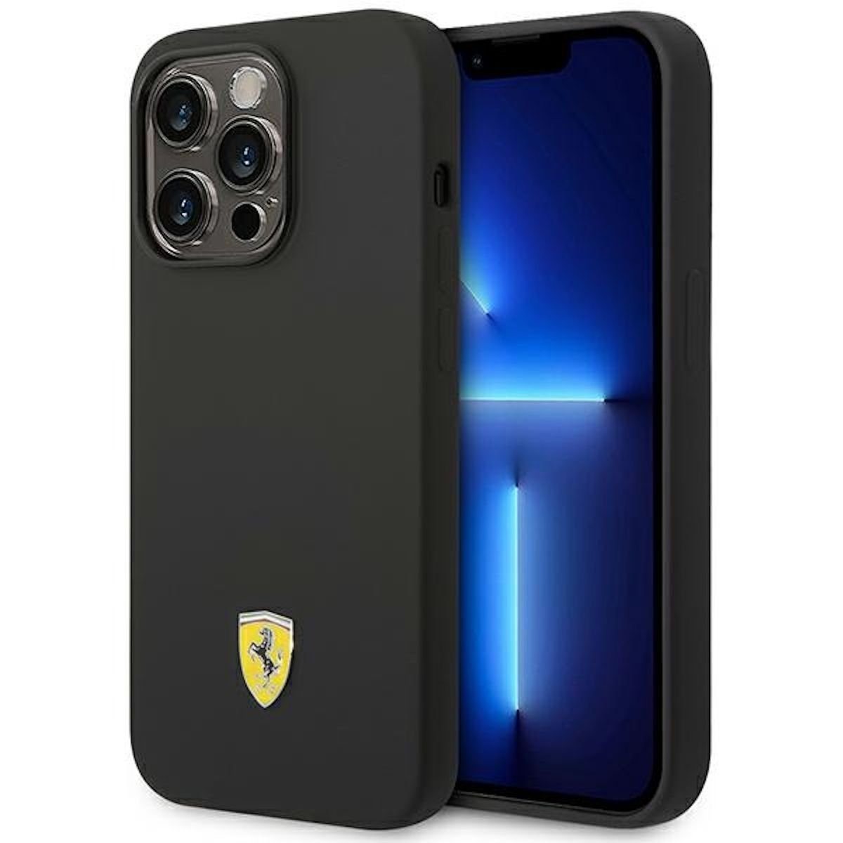 Ferrari Handyhülle Ferrari Silikon Metal Logo Magsafe Hülle für Apple iPhone 14 Pro Black
