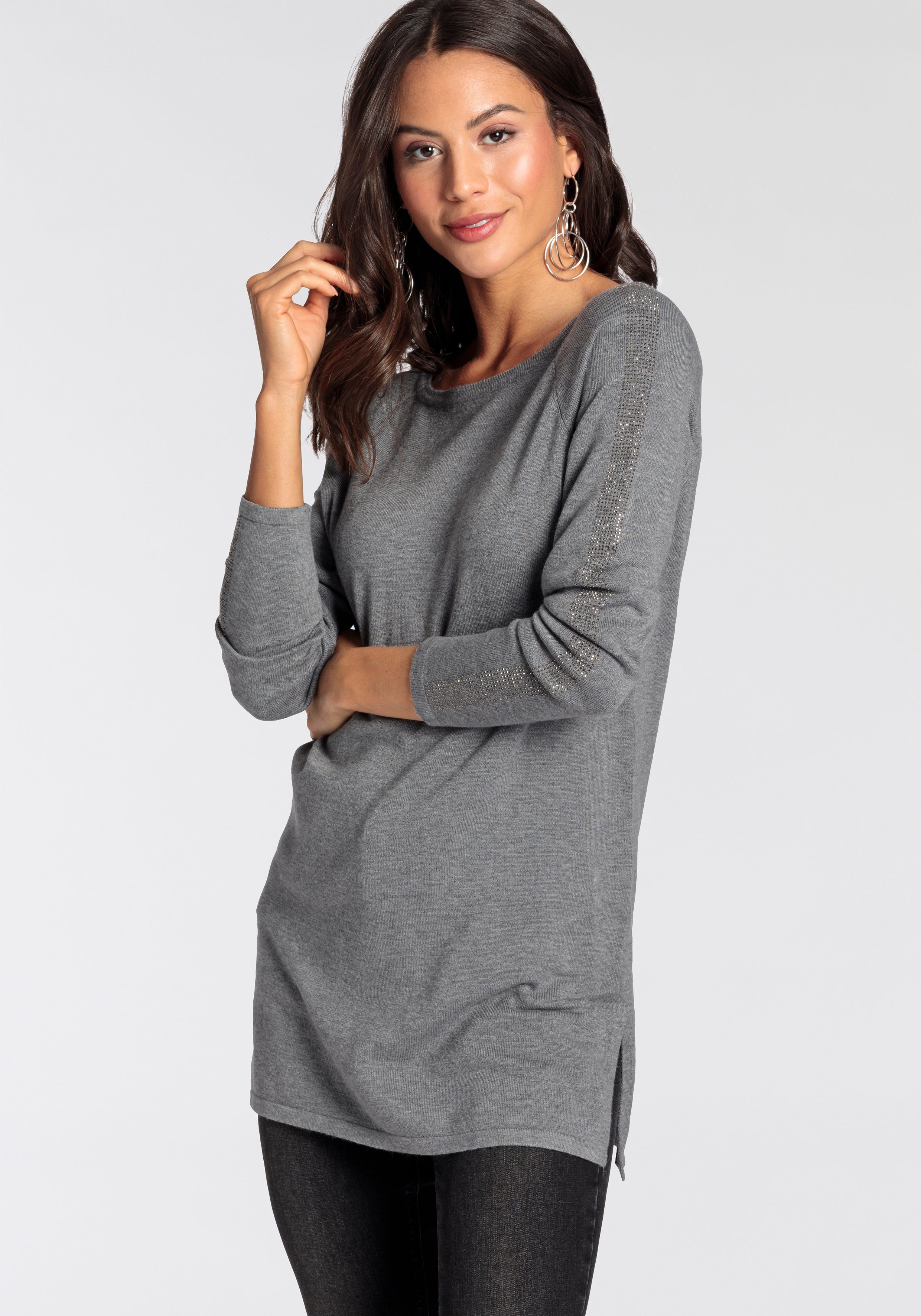 Laura Scott Longpullover mit Glitzersteinen und seitlichen Schlitzen - NEUE KOLLEKTION
