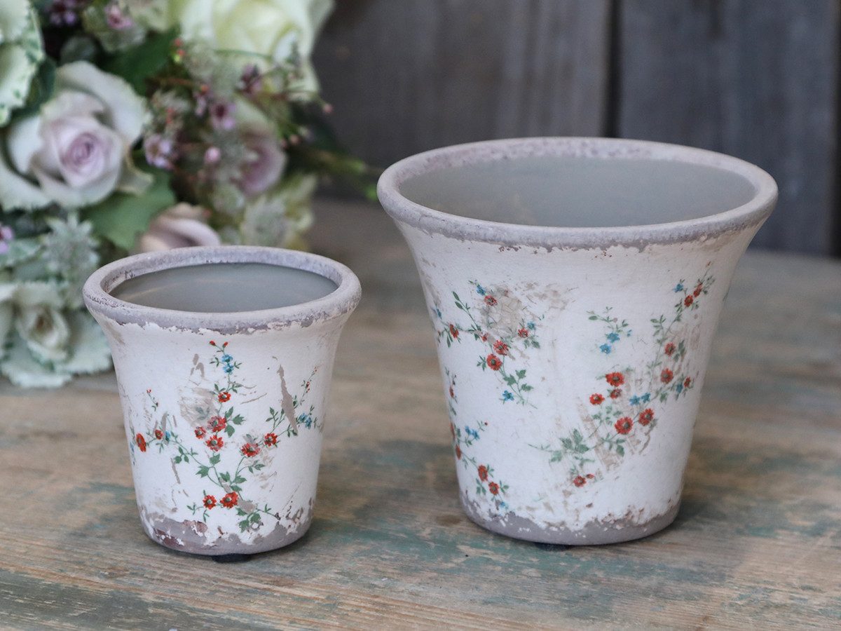 Chic Antique Blumentopf Tulle Pflanztopf Übertopf Keramik glasiert florales Muster Creme, Zartes Streublumen Muster für französischen Landhausstil