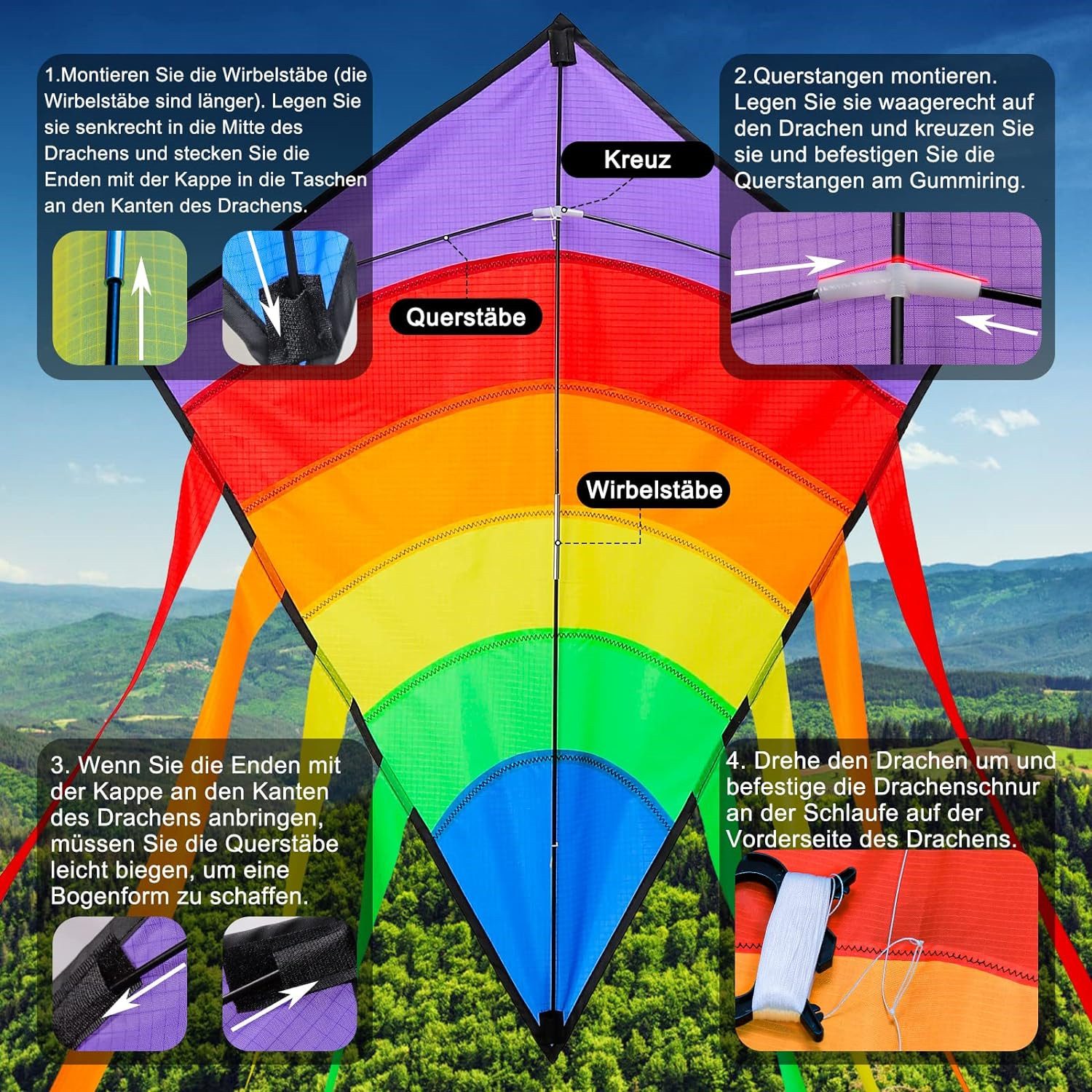 XDeer Kite Flug-Drache Rainbow Lila 64x158cm mit acht Streifenschwänzen, inkl. Drachenschnur Hohe Festigkeit und Haltbarkeit Geschenk