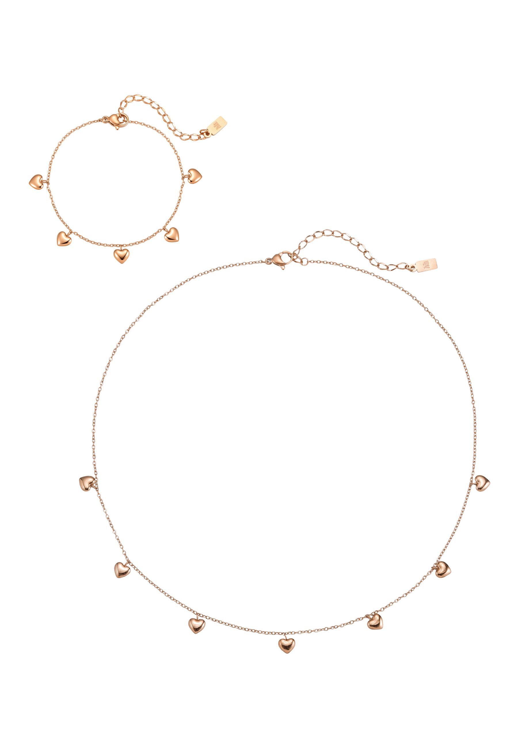 Hey Happiness Ketten und Armband Set Amora Duo, Multi Herz Schmuck Set Damen, Zartes 2er Set Kette & Armband mit Herz Anhänger aus Edelstahl