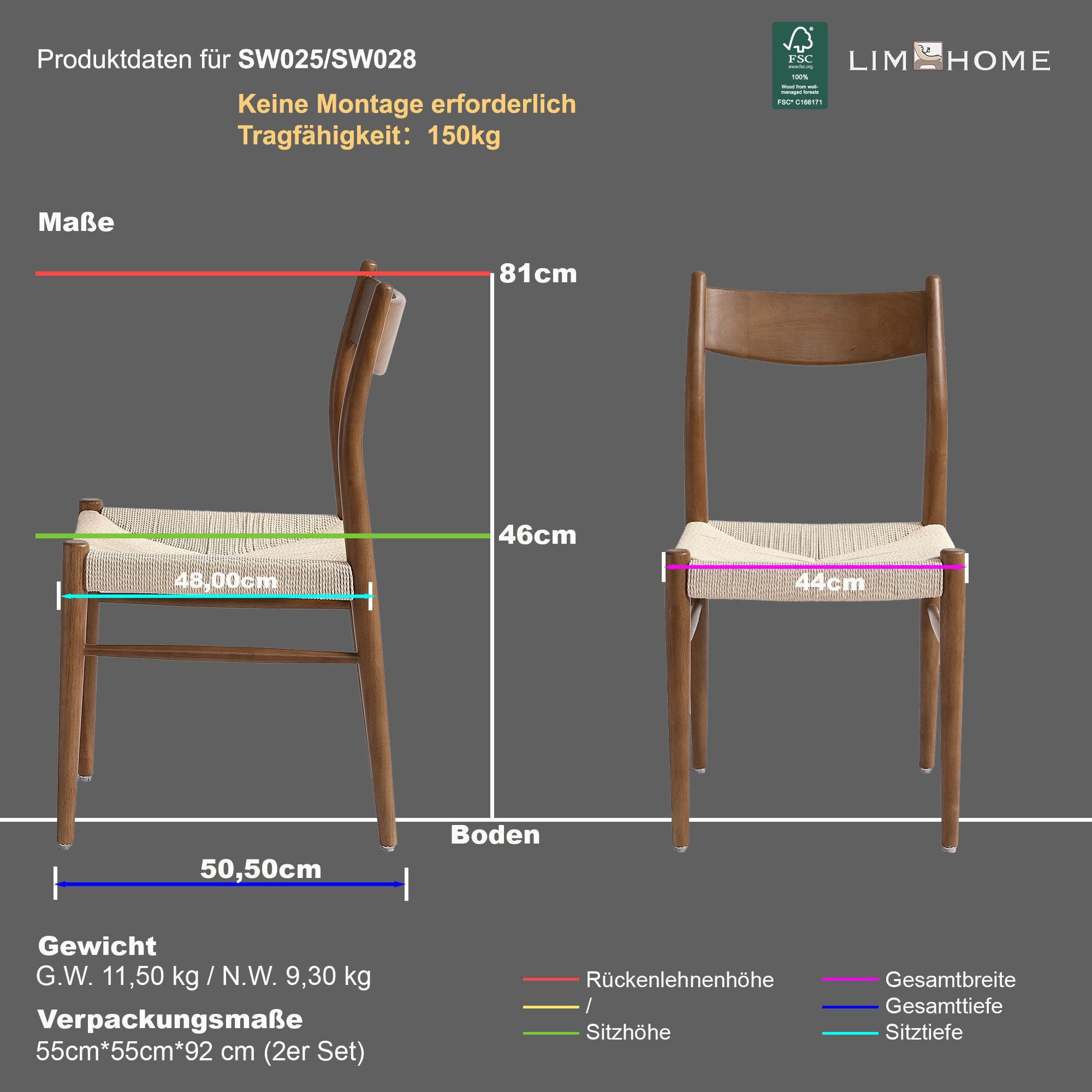 LIM HOME Esszimmerstuhl 2er Set - sw028 (Set, 2 St), Massivholzgestell, Lederpapier-Kordelgeflecht