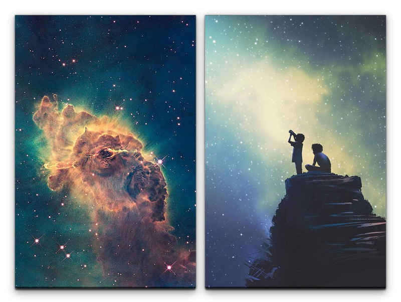 Sinus Art Leinwandbild 2 Bilder je 60x90cm Sommernacht Sternenhimmel Milchstraße Galaxie Zauberhaft Teleskop Fantasie