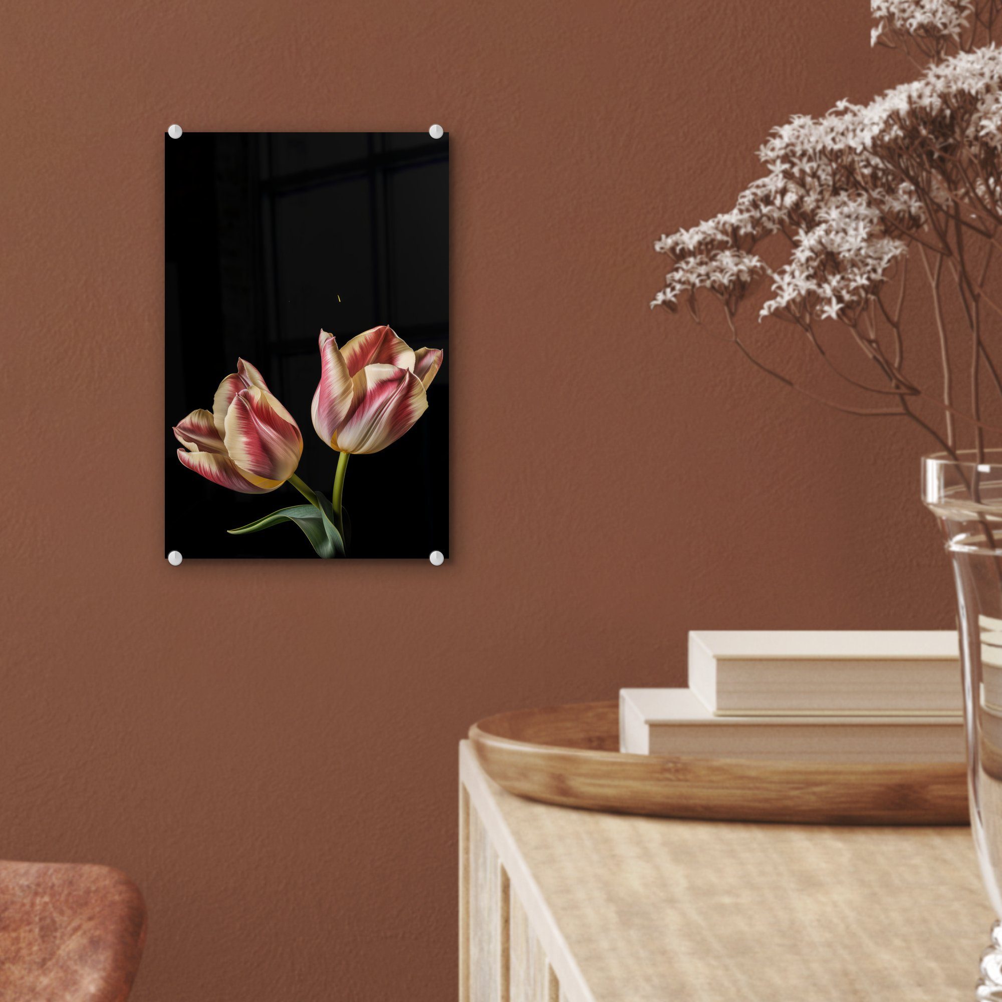 MuchoWow Natur, - - Rosa Glas auf - Acrylglasbild - auf (1 - Glas Weiß Bilder St), Blumen - - Tulpen Wandbild Glasbilder Foto Wanddekoration