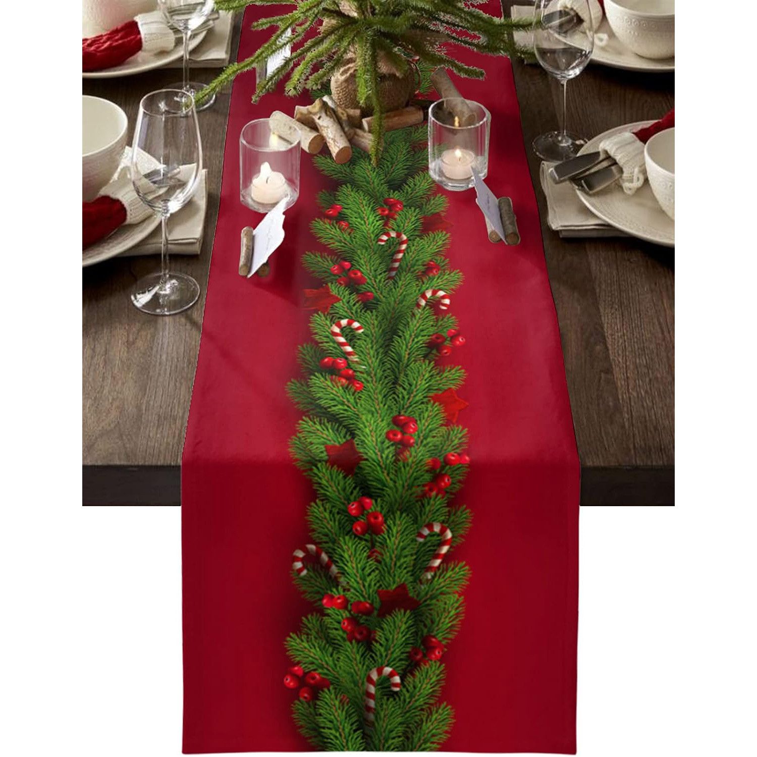 Coonoor Вузькі скатертини Roter Leinen-Weihnachtstischläufer 230 x 33 cm (1-tlg), Festliche Tischdekoration für Weihnachtsmittelstücke und Feiertagsdeko