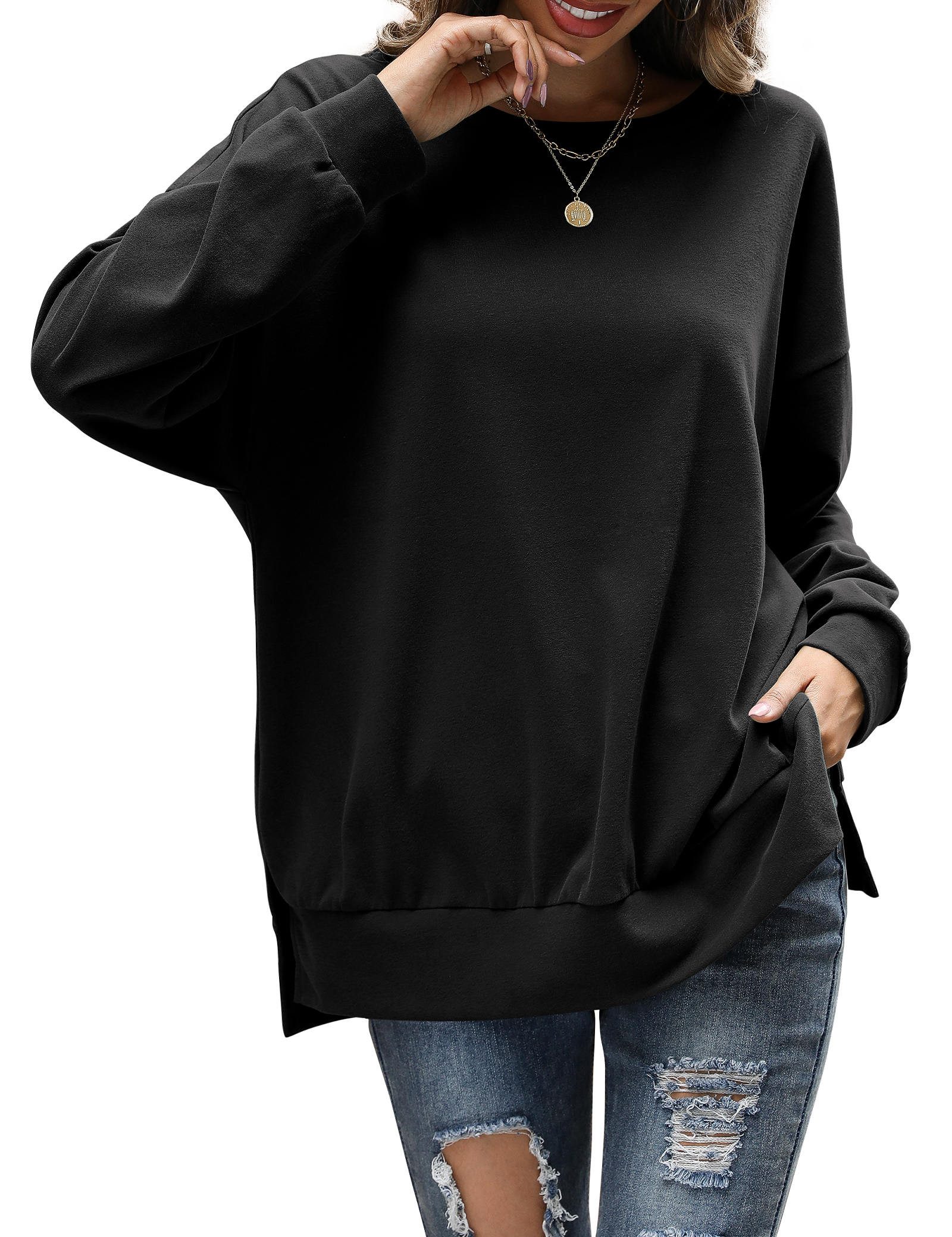 Beluring Sweatshirt Damen Sweatshirt mit Rundhals & Seitenschlitzen, Longsl günstig online kaufen