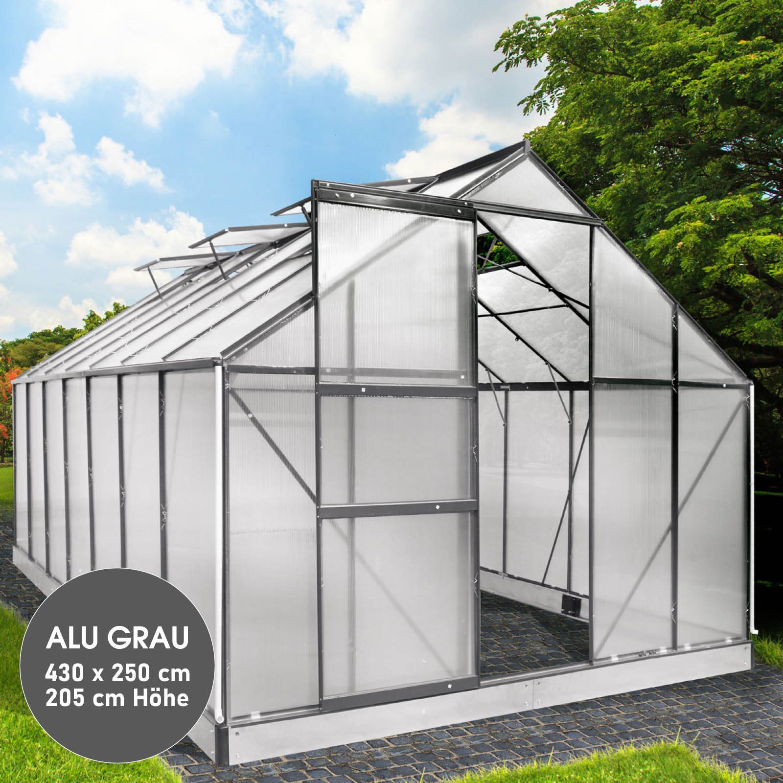 BRAST Gewächshaus ALU mit Fundament rostfrei 430x250x205cm TÜV geprüft, BxTxH: 250 x 430 x 205 cm, wetterfestes hochwertiges Aluminium, Temperaturbeständig, Wärmedämmend, Lichtbrechend & UV-stabilisiert