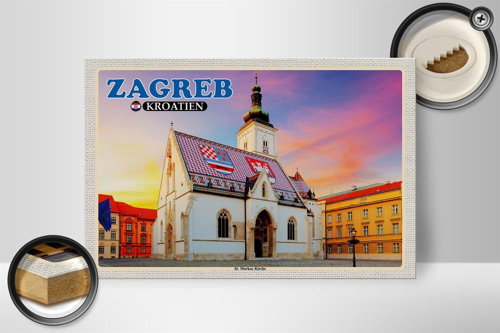 Femer GmbH Holzbild Reise 30x20cm Zagreb Kroatien St. Markus Kirche, (1 St), Glatte Holzfaserplatte (MDF), vorn beschichtet