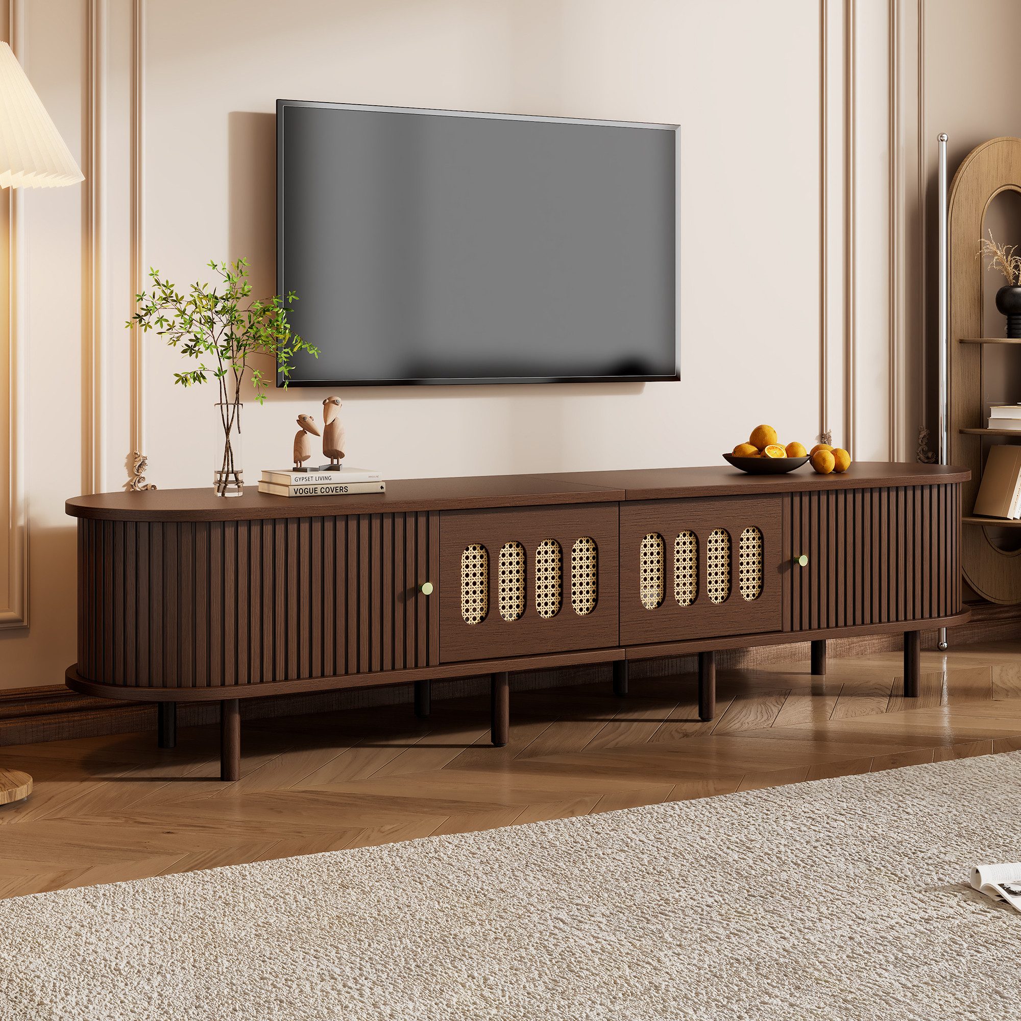 Merax Lowboard TV-Ständer mit Rattan-Design, (180×40×40cm, 1 St., Perfekt für Fernseher bis 80 Zoll), TV-Schrank mit 2 Rattan-Schubladen, 2 Rollladentüren und S – Bild 2 von 5