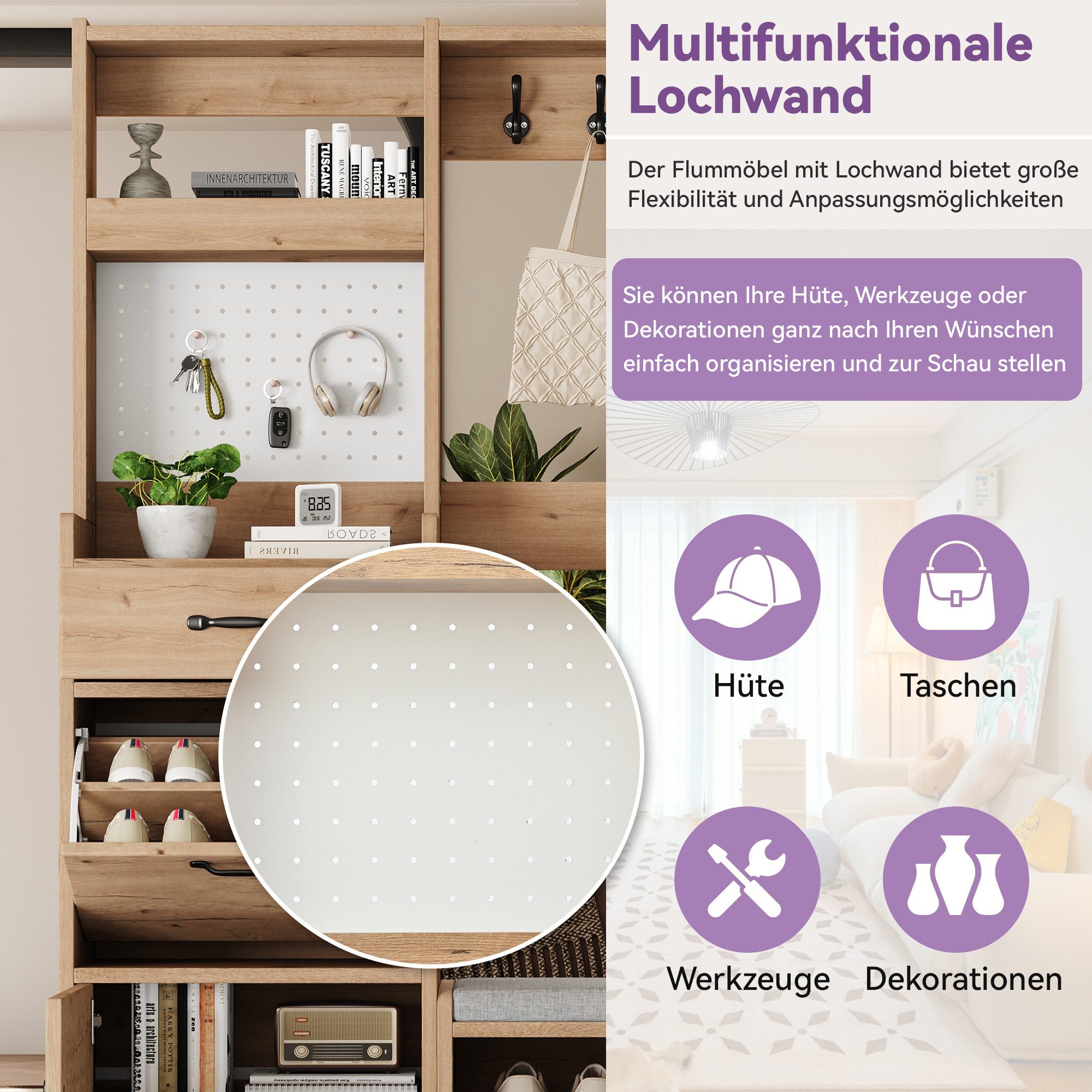 Merax Garderoben-Set in Naturholzoptik, Kompaktgarderobe mit Pegboard, (1-St., B108.5 × T35 × H180 cm), Flurgarderoben mit Schuhbank, 4 Kleiderhaken, Schublade  – Bild 5 von 5