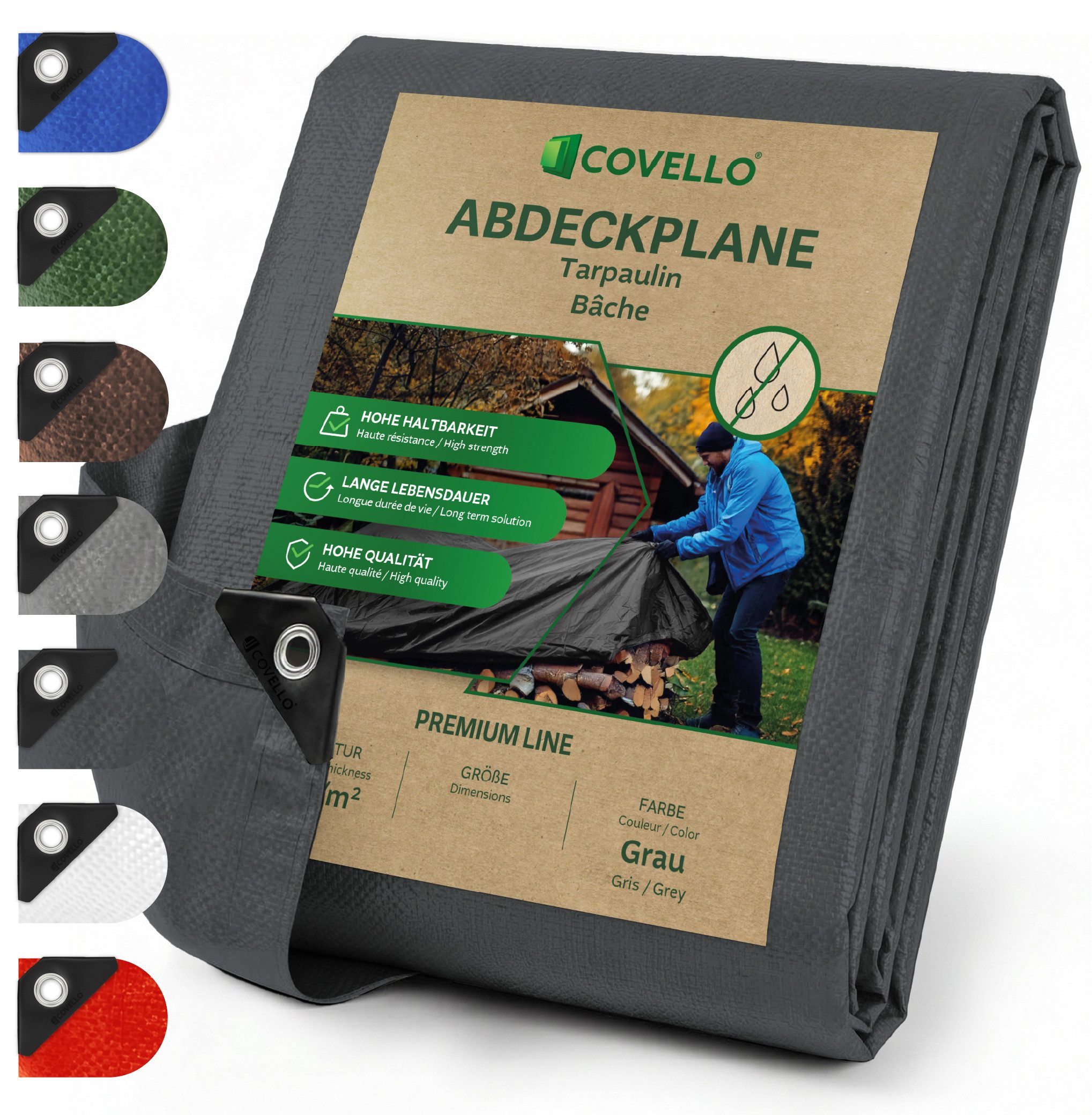 Covello Schutzplane 140g/m² grau, Abdeckplane mit Ösen wasserdicht, Plane UV-stabilisiert in vielen verschiedenen Farben & Größen