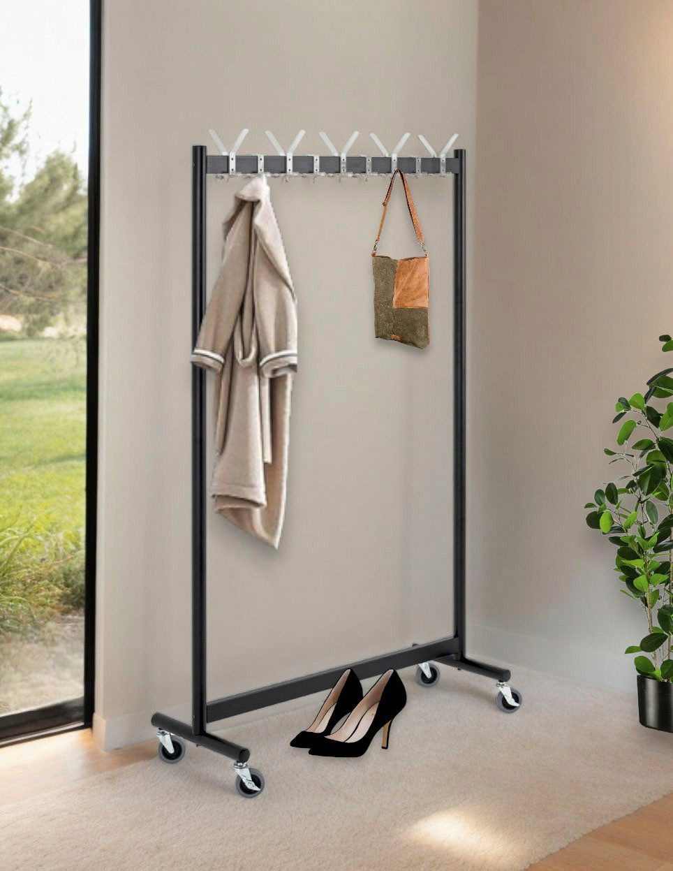 HAKU Garderobenständer Garderobe, Garderobenständer, Kleiderständer auf Rollen, Kleiderwagen, rechteckig - aus Metall Schwarz - B/T/H 103/39/174 cm
