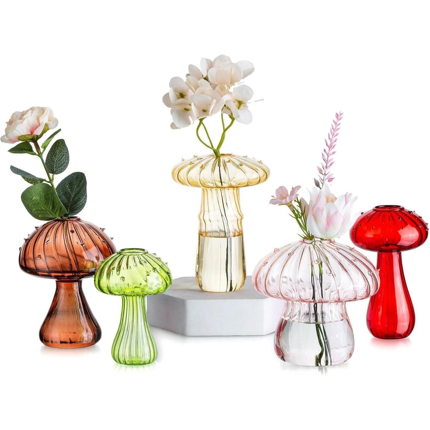 LuxusKollektion Glas Pilzförmige Glasvase 5er Set Blumenvase Deko in Bunt