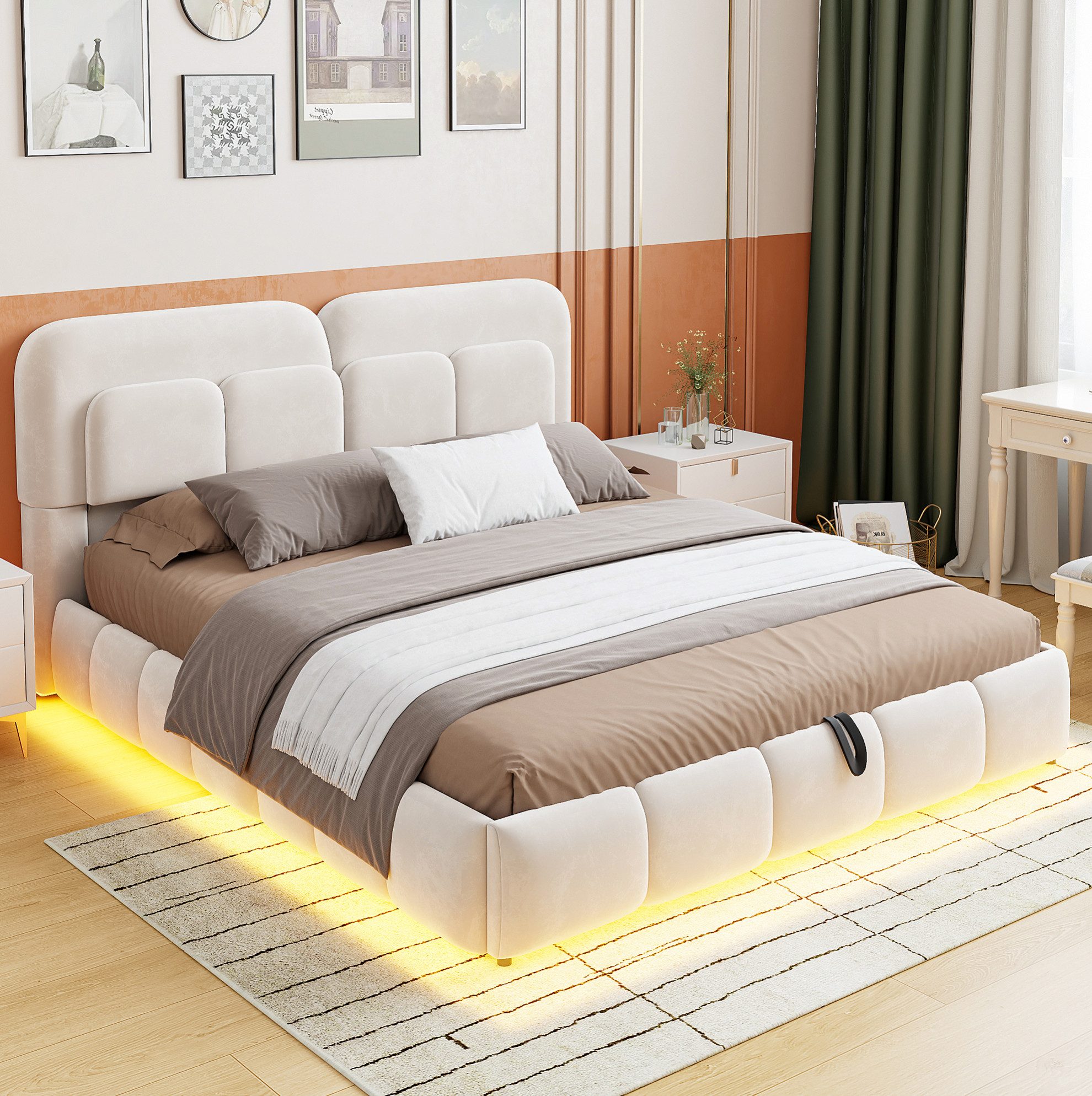 MODFU Polsterbett Samt-Doppelbett, LED-Beleuchtung und praktischem Hebemechanismus (140x200 cm Stauraumbett mit großem Bettkasten, Funktionsbett Kinderbett), ohne Matratze