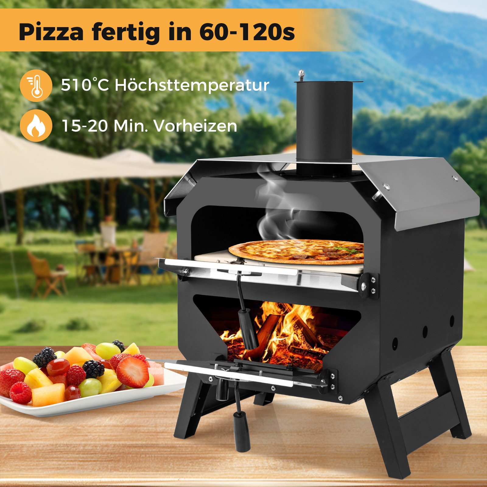 COSTWAY Pizzaofen, 12" Outdoor- Holzofen mit Abdeckung, Edelstahl-Dach