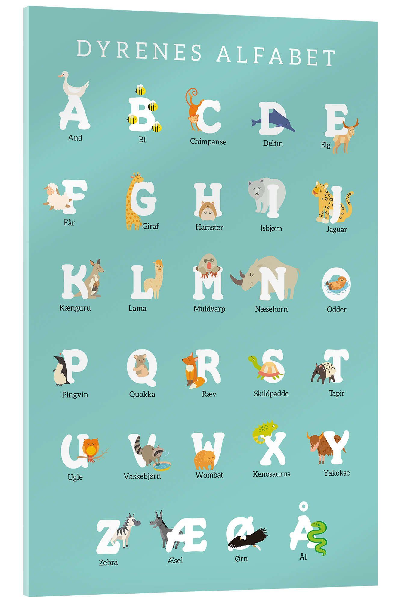 Posterlounge Wandbild Tieralphabet (dänisch), Kidz Collection, erhältlich als Poster, Leinwandbild, Wandsticker oder Acrylglasbild