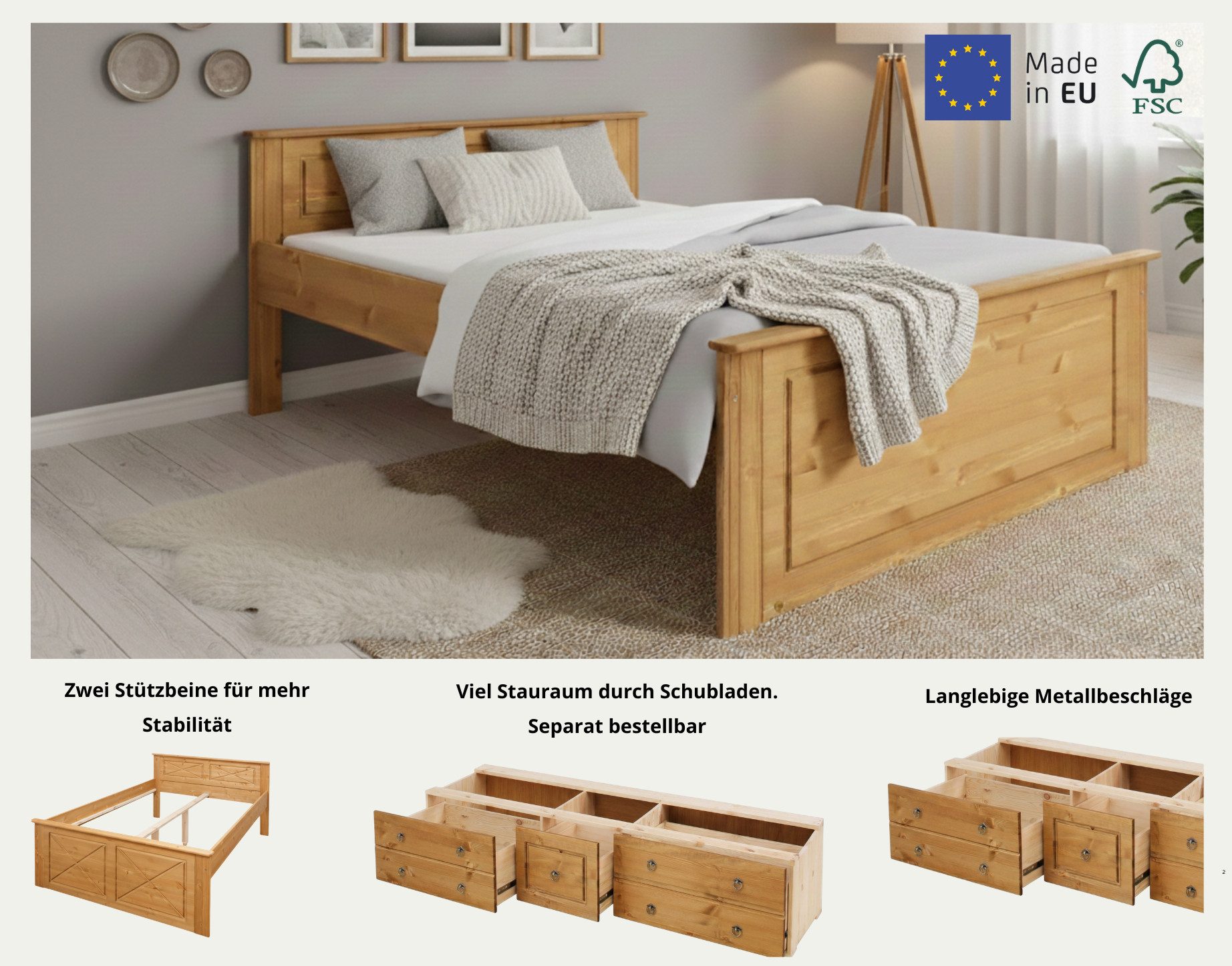 OTTO home Massivholzbett Hugo, FSC® zertifiziert, Landhausstil, zeitlos und edel (auch als Super Sparset inklusive Schubkästen auf beiden Seiten), Stauraumbett, extra belastbar, Made in EU, viele Breiten