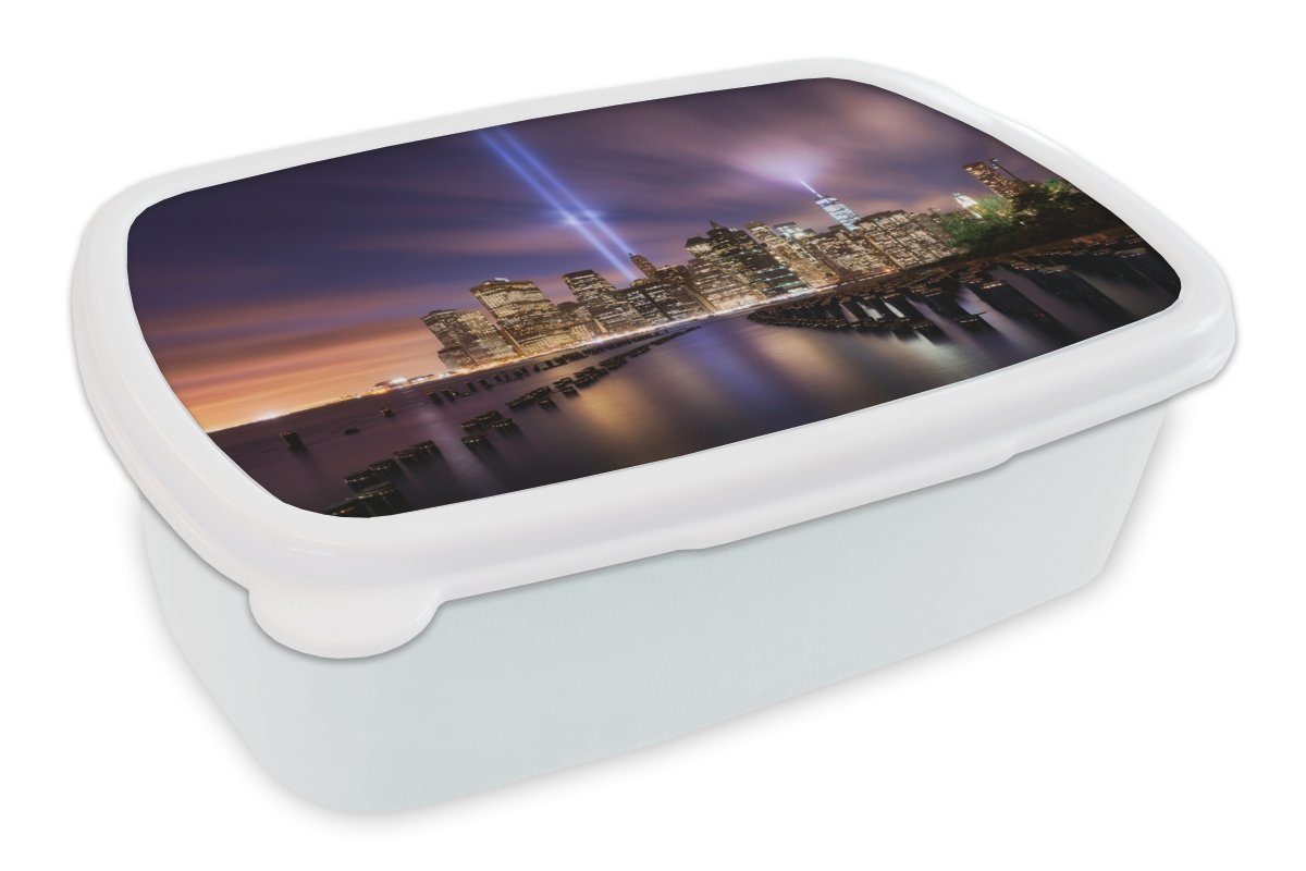Lunchbox Brotbox MuchoWow und Brotdose, Stadt und für New weiß für Kinder Nacht Jungs - York - Wasser, (2-tlg), Mädchen - Kunststoff, Erwachsene,