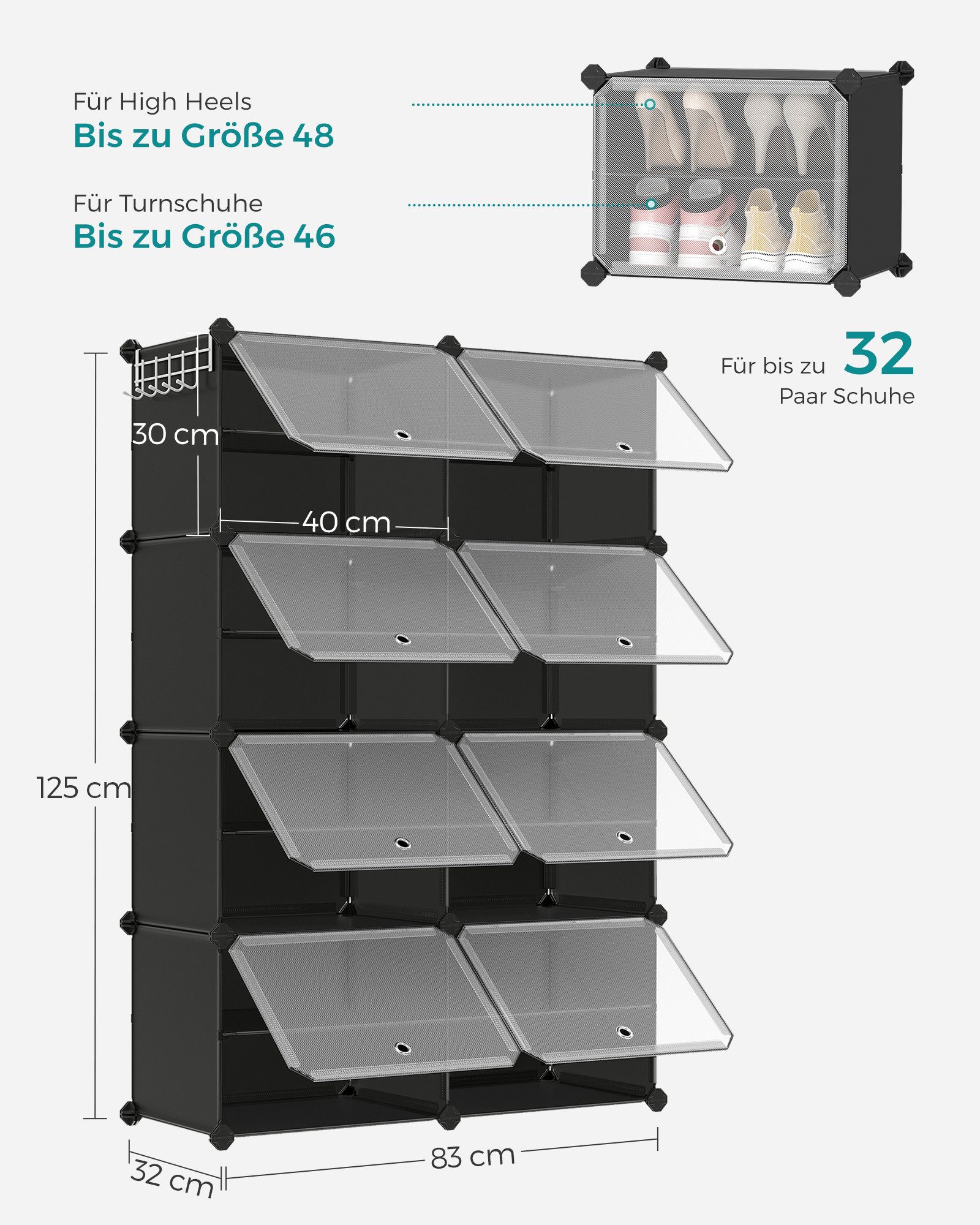 SONGMICS Schuhregal Schuhschrank, 30 x 40 x 30 cm pro Fach, für Flur, Eingangsbereich, mit 8 Fächern, mit Türen, für bis zu 32 Paar Schuhe, anpassbar
