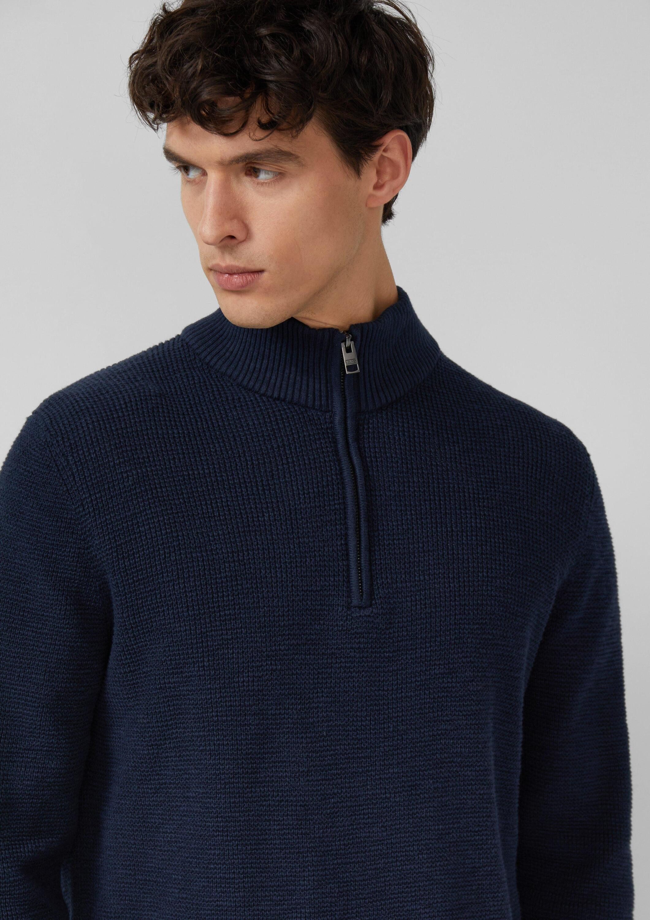 s.Oliver Longpullover Strickpullover Baumwoll-Pullover mit Struktur und Troyer-Kragen