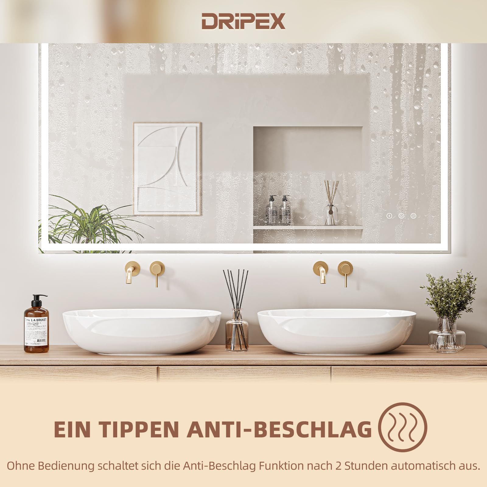 Dripex Badspiegel Badezimmerspiegel Led Wandspiegel mit Beleuchtung, 3 Lichtfarbe Einstellbare, Touch-Schalter, Druckknopf, Dimmbar – Bild 3 von 5