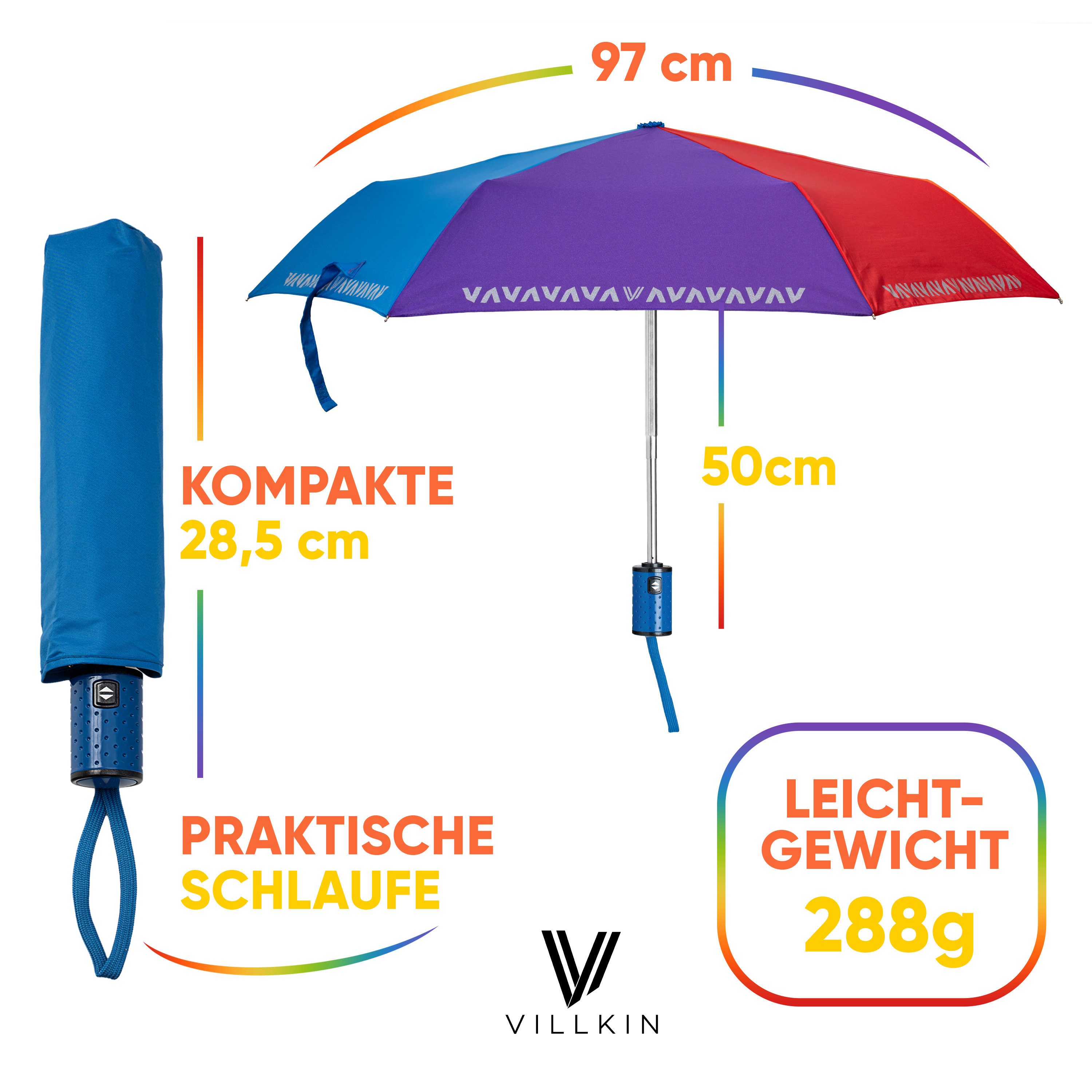 Villkin Taschenregenschirm, Kinderschirm Bunt mit Reflexstreifen, Regenschirm, Mini-Schirm, kompakt, leichtgewicht, trocknet schnell, Reflexstreifen