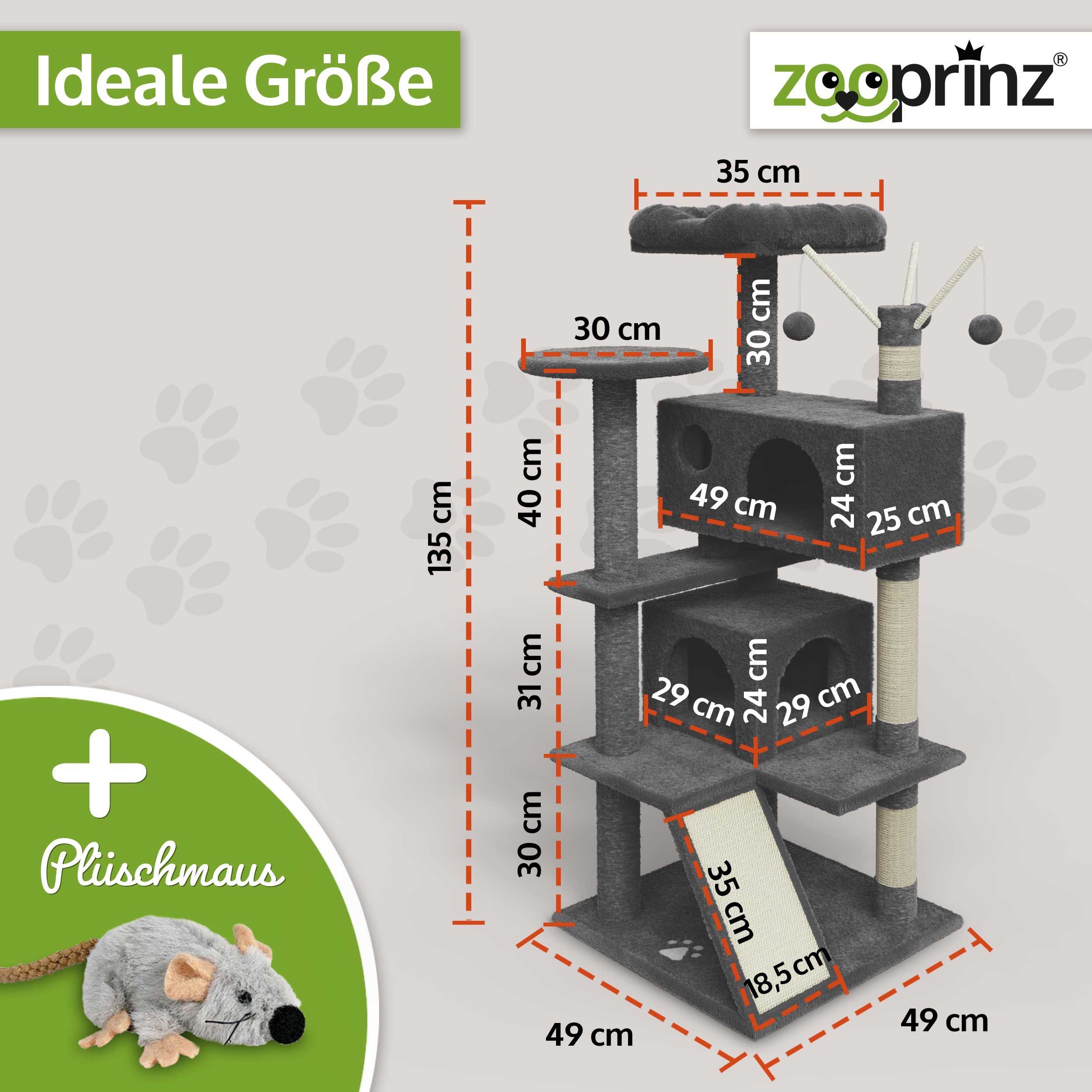 Zooprinz Kratzbaum Kitty XXL inklusive Plüschmaus, 3 Spielbälle, Strapazierfähig, 2 Höhlen, Sisalstämme