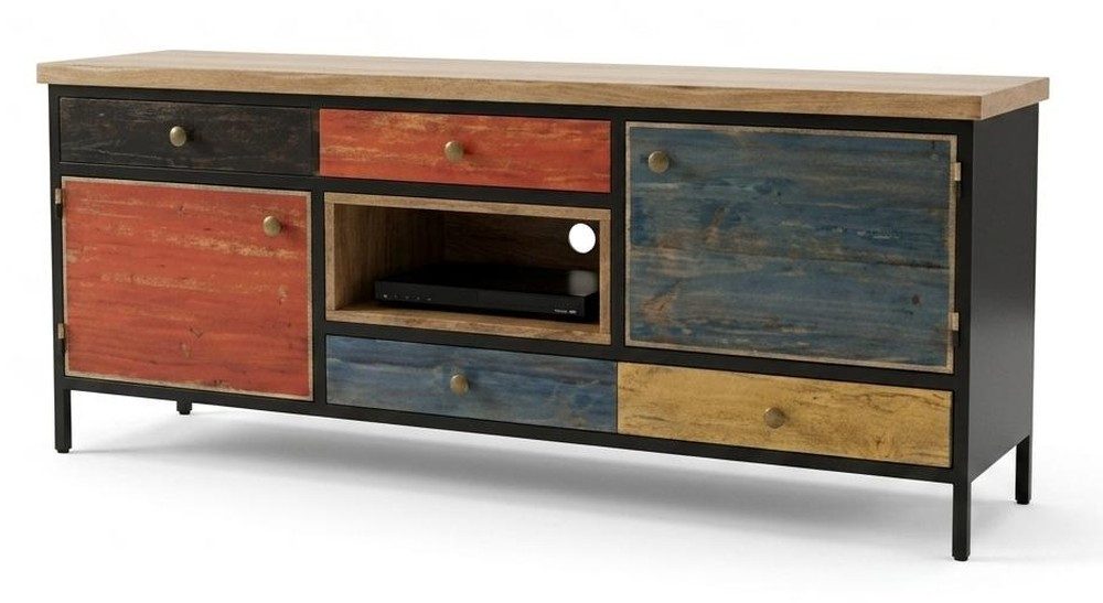 Xlmoebel Lowboard Buntes TV Lowboard aus Holz und Metall im Vintage Industrial Stil, Made in Europa