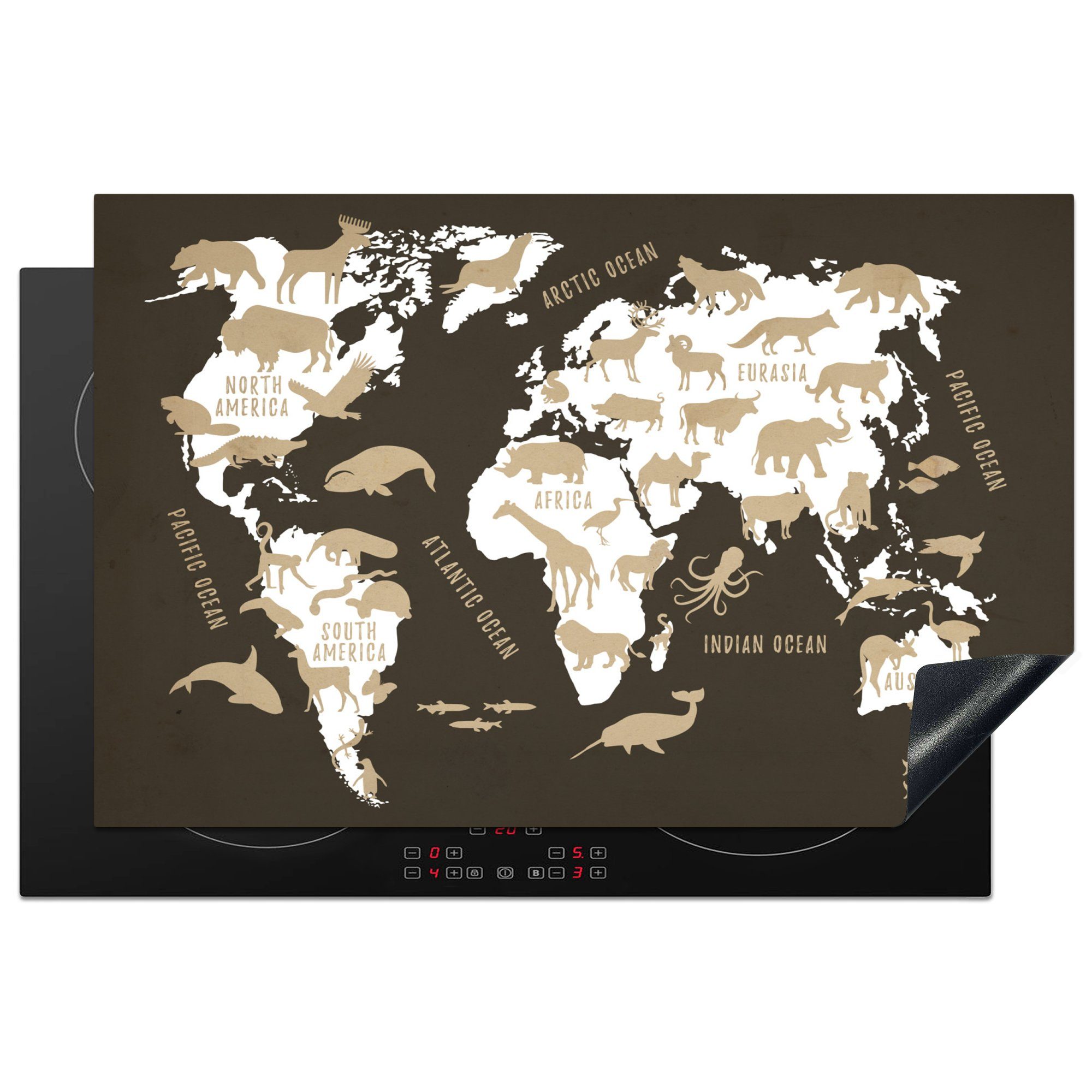 MuchoWow Herdblende-/Abdeckplatte Weltkarte - Tiere - Beige, Vinyl, (1 tlg), 81x52 cm, Induktionskochfeld Schutz für die küche, Ceranfeldabdeckung
