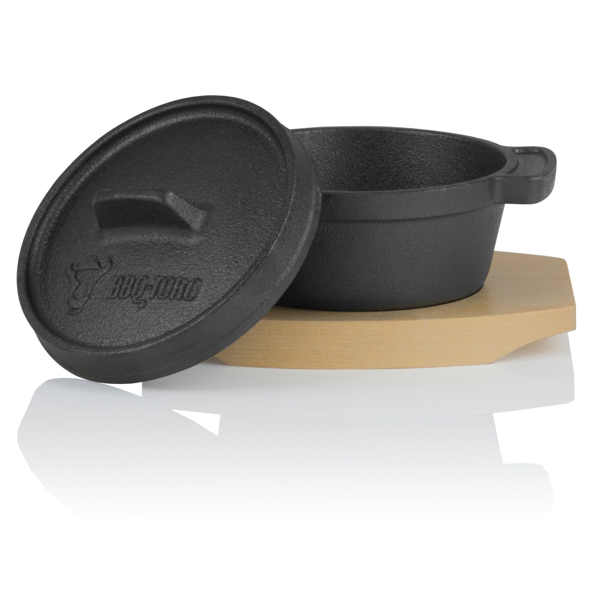 BBQ-Toro Serviertopf Mini Dutch Oven (4 Stück), Ø 11 cm, Gusseisen Topf mit Holzunterlage, Gusseisen (Set)