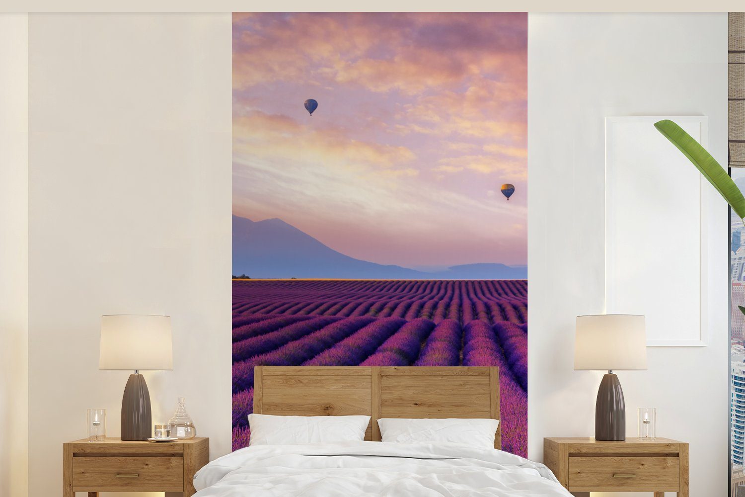 MuchoWow Fototapete Lavendel - Heißluftballon - Berg - Lila, Matt, bedruckt, (2 St), Vliestapete für Wohnzimmer Schlafzimmer Küche, Fototapete