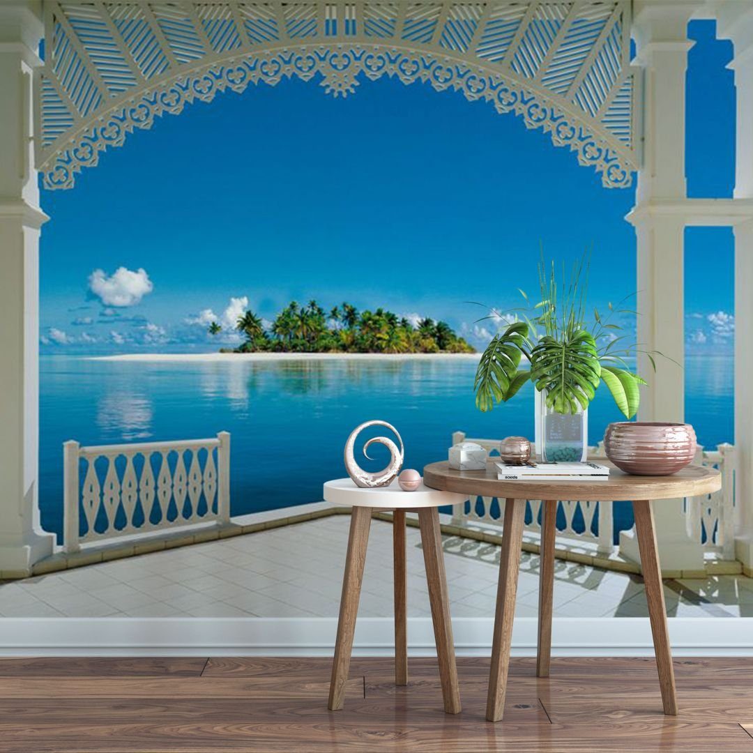 Papiertapete Wohnzimmer Wizard Strand Wandbild modern Tapete, Große Genius Balkon Meer im Insel Fototapete + Fototapete