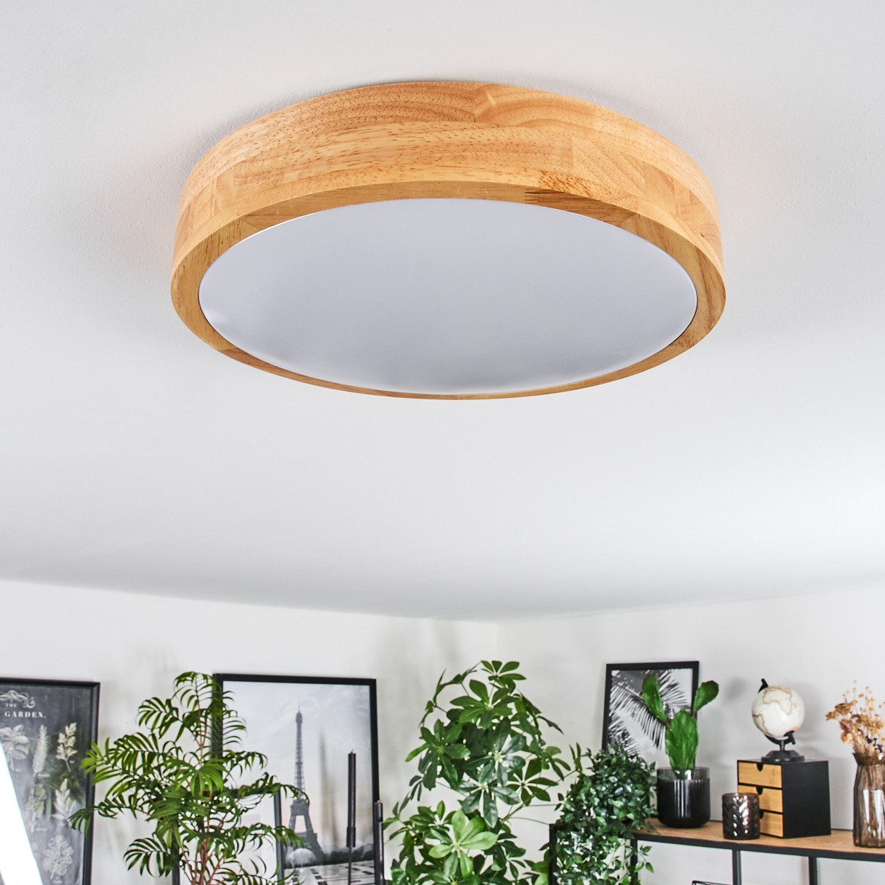 hofstein Deckenleuchte moderne Deckenlampe aus Metall/Bambus/Kunststoff in Weiß/Natur, LED wechselbar, 3000 Kelvin, Leuchte im angesagten Boho-Design (29, 5cm), – Bild 2 von 5
