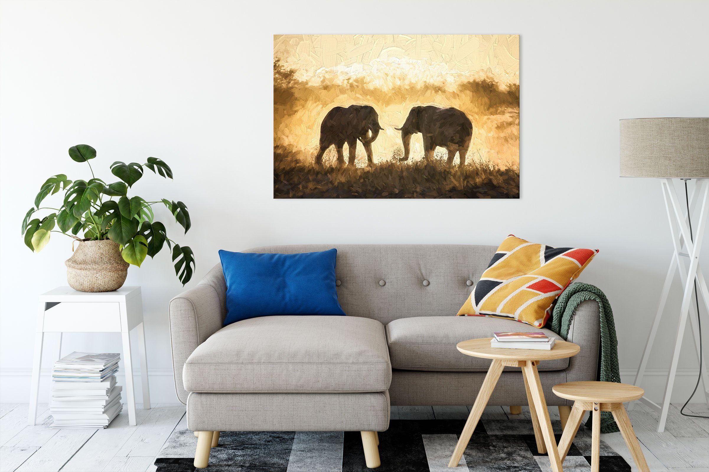Elefanten Zackenaufhänger St), inkl. kämpfende kämpfende Kunst Pixxprint Leinwandbild bespannt, fertig Elefanten Leinwandbild (1 Kunst,
