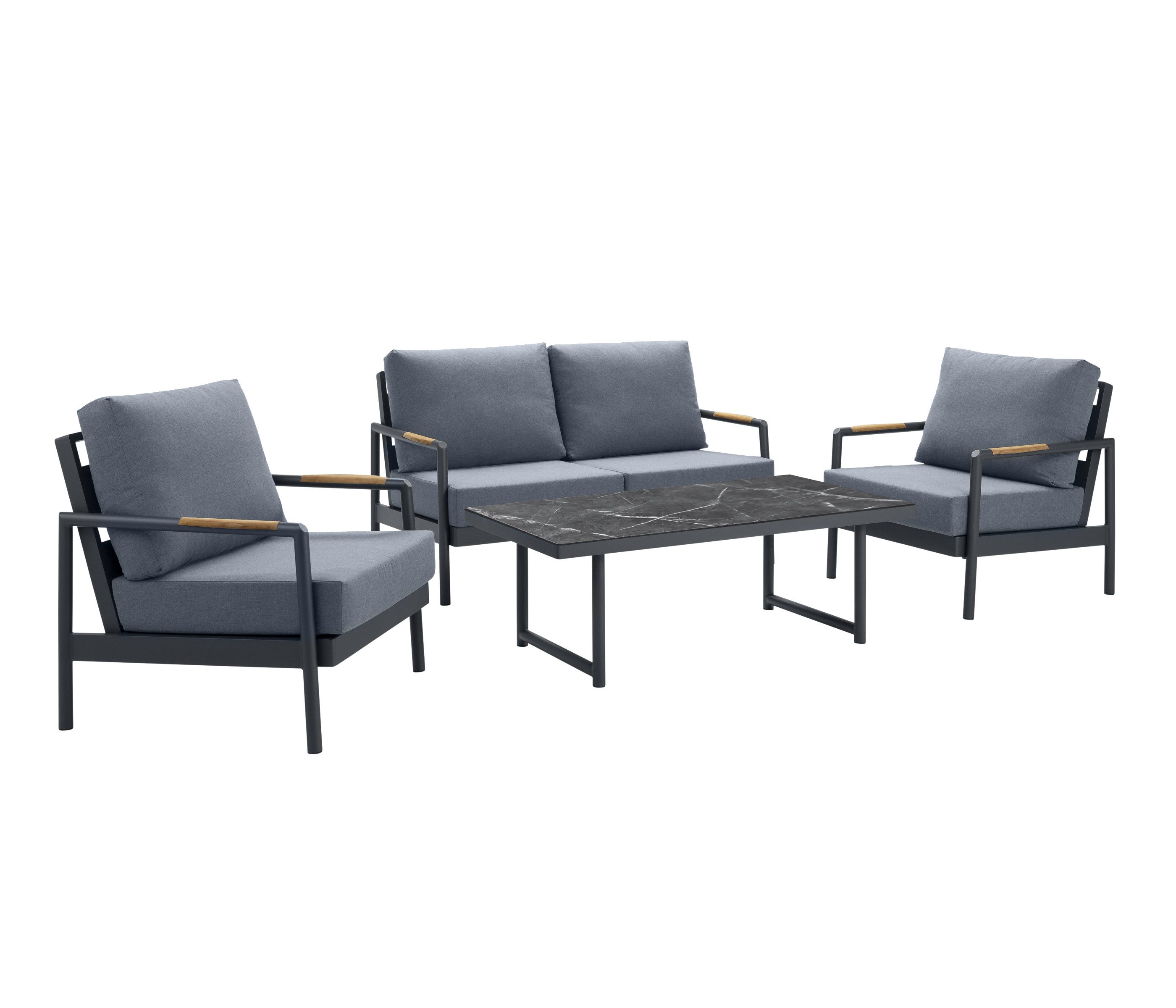 Dehner Gartenlounge-Set Brooklyn, 4-teilige Sitzgruppe, anthrazit, mit 2-Sitzer-Sofa, 2 Sesseln und 1 Tisch, inkl. gemütliche Polster