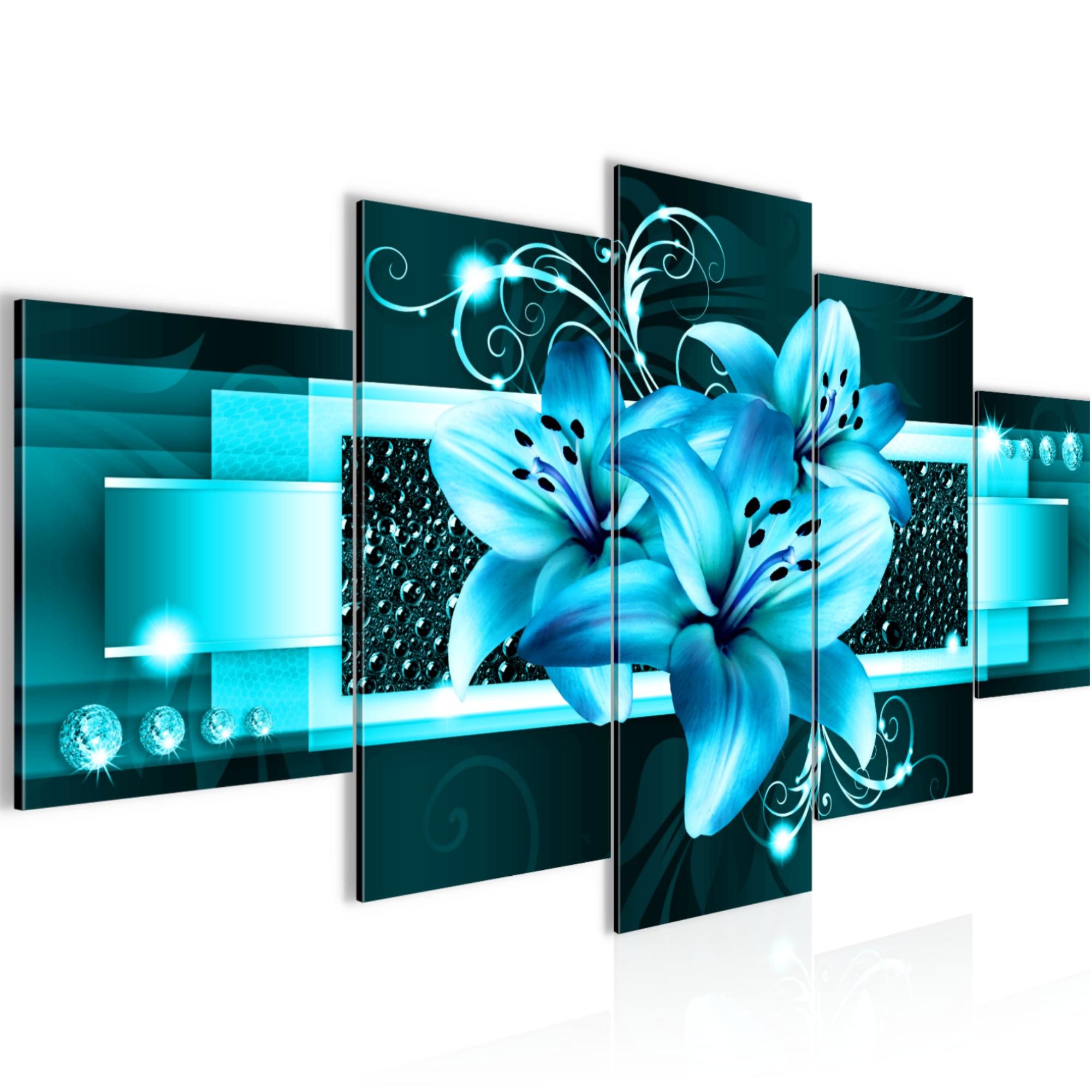 Runa Art Wandbild Bilder Blumen Lilien 5 Teilig Wanddekoration Design Türkis 008651a, 200L x 100B cm