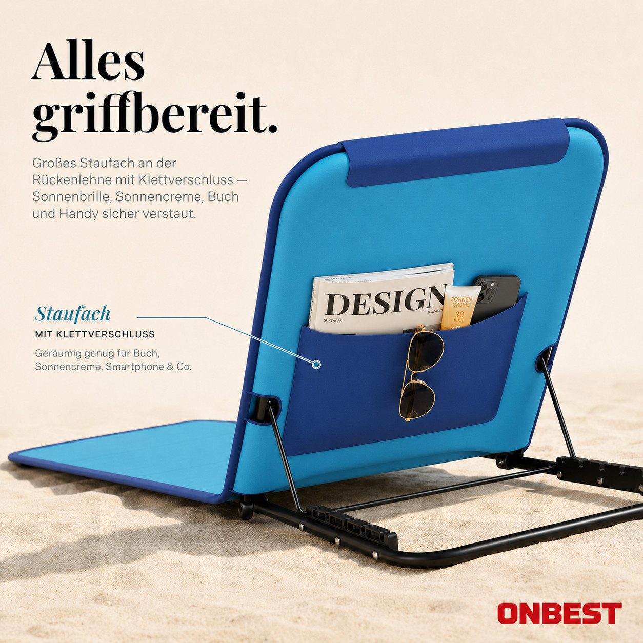 Onbest Campingliege Strandliege klappbar mit Nackenkissen Tragetasche, Stahlgestell, verstellbare Rückenlehne