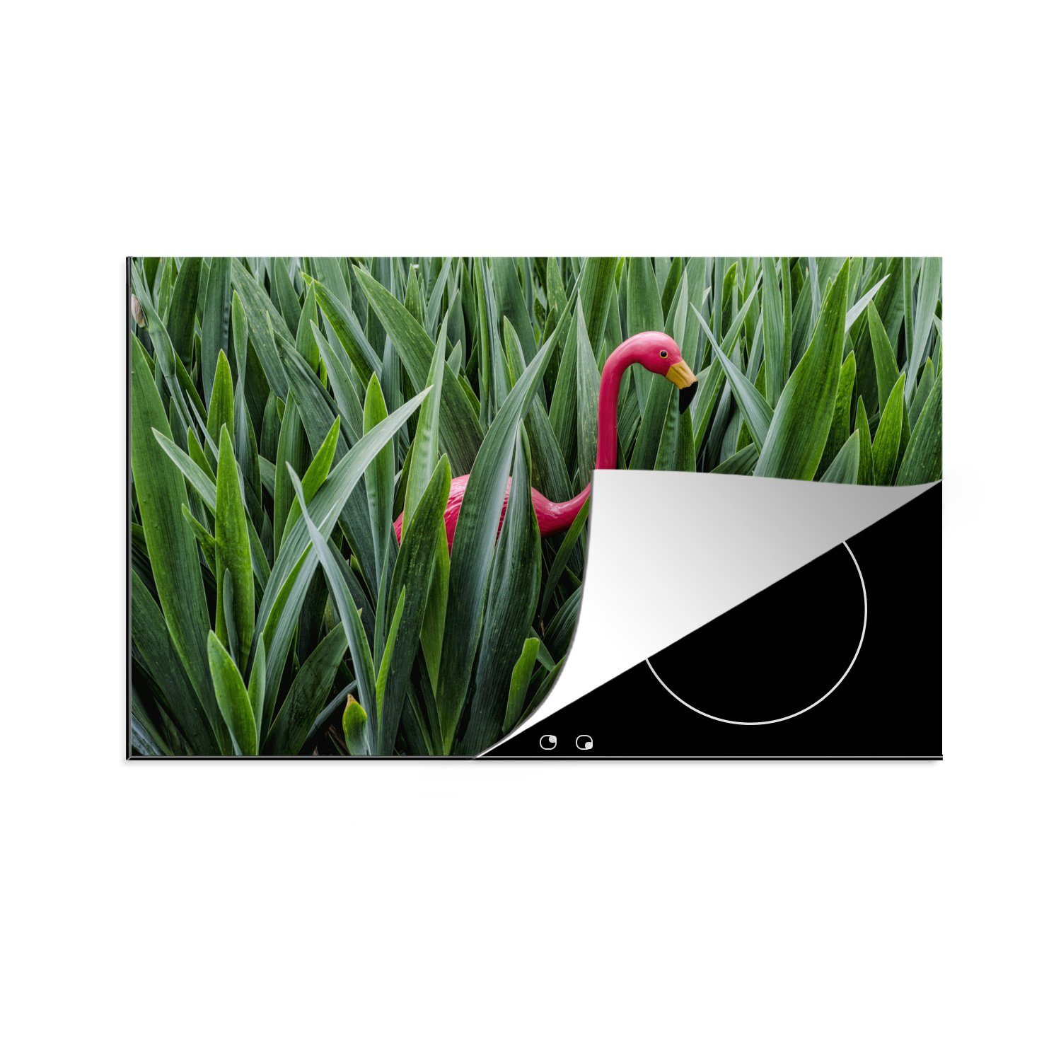 MuchoWow Herdblende-/Abdeckplatte Flamingo zwischen Blättern, Vinyl, (1 tlg), 81x52 cm, Induktionskochfeld Schutz für die küche, Ceranfeldabdeckung
