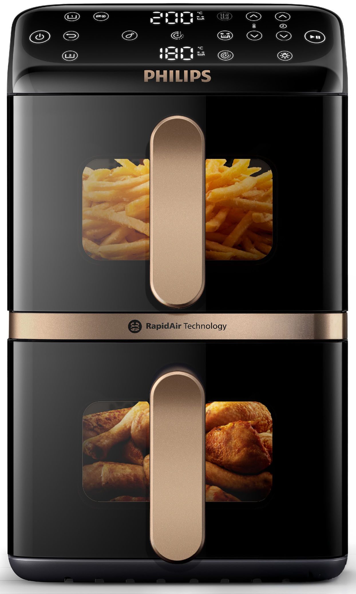 Philips Heißluftfritteuse NA462/70 4000 Series Stacked Dual Basket und 10L Kapazität (5+5L), 2750 W, RapidAir Technologie; Schwarz/Dunkelgrau, kupfer Griff